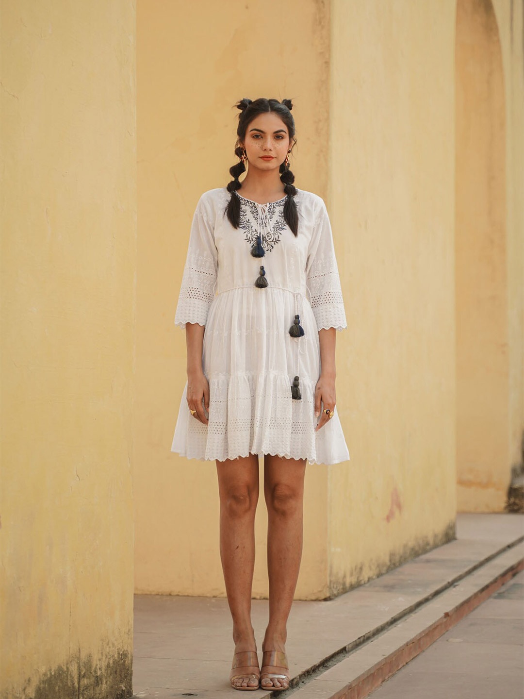 

FASHION DWAR Embroidered Tie-Ups Neck Flounce Hem Cotton Fit & Flare Dress, White
