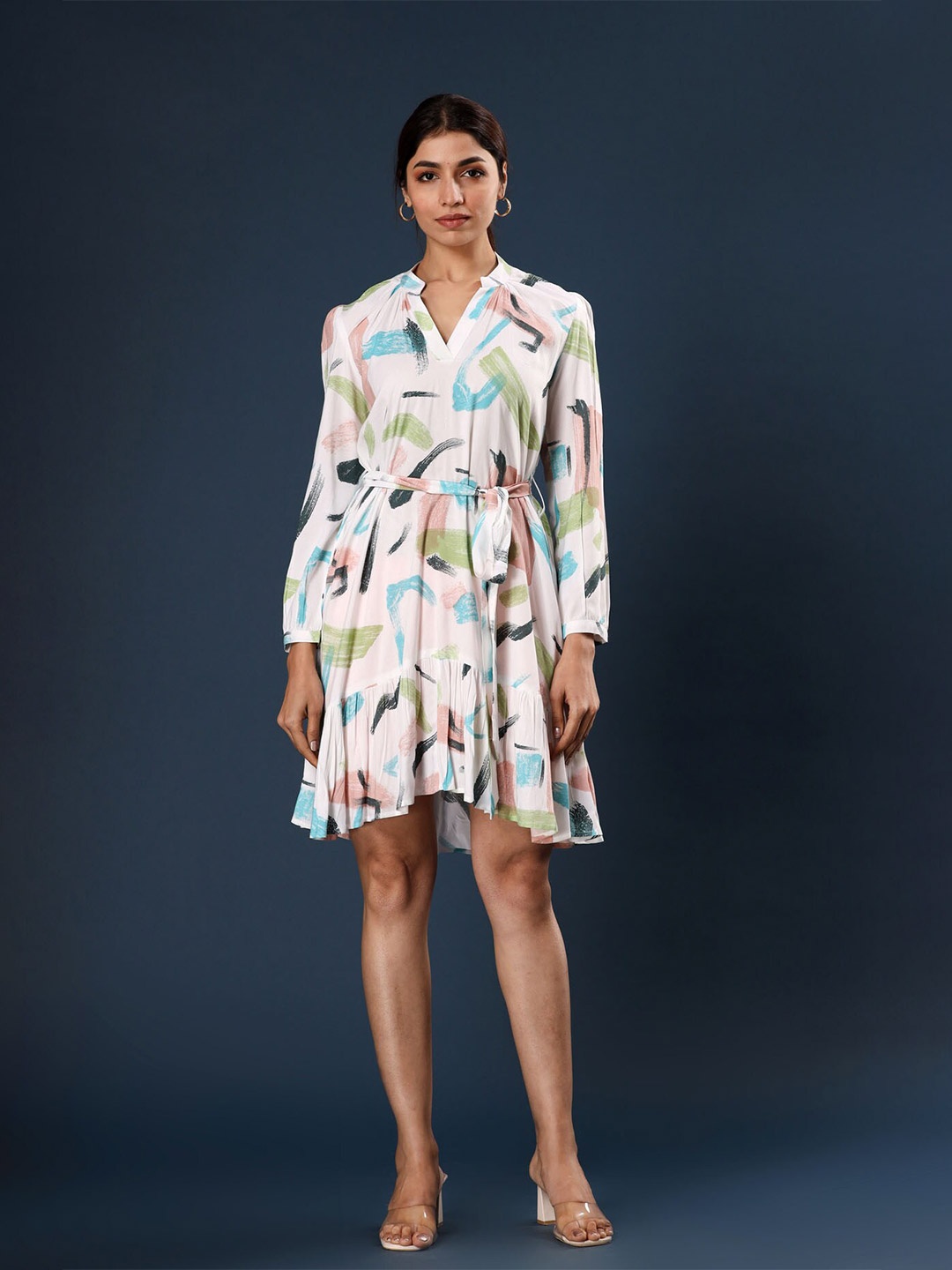 

FASHION DWAR Abstract Printed Puff Sleeves High Low Hem A-Line Dress, White