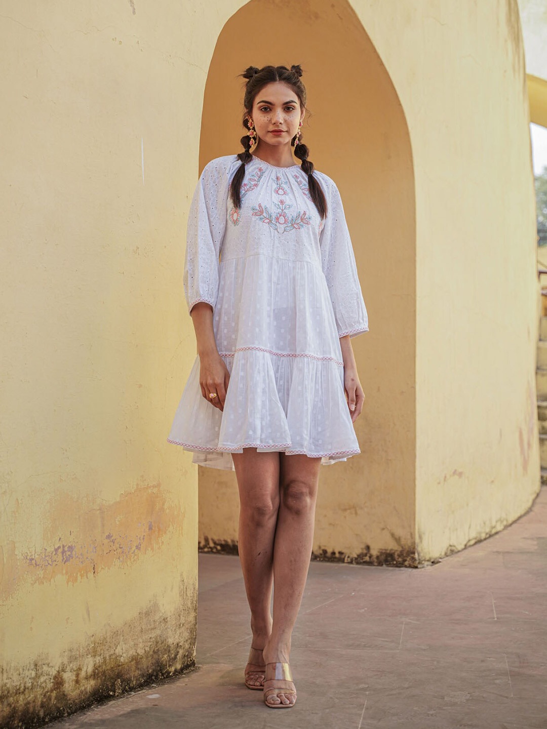 

FASHION DWAR Embroidered Schiffli Raglan Sleeves Gathered Cotton A-Line Dress, White