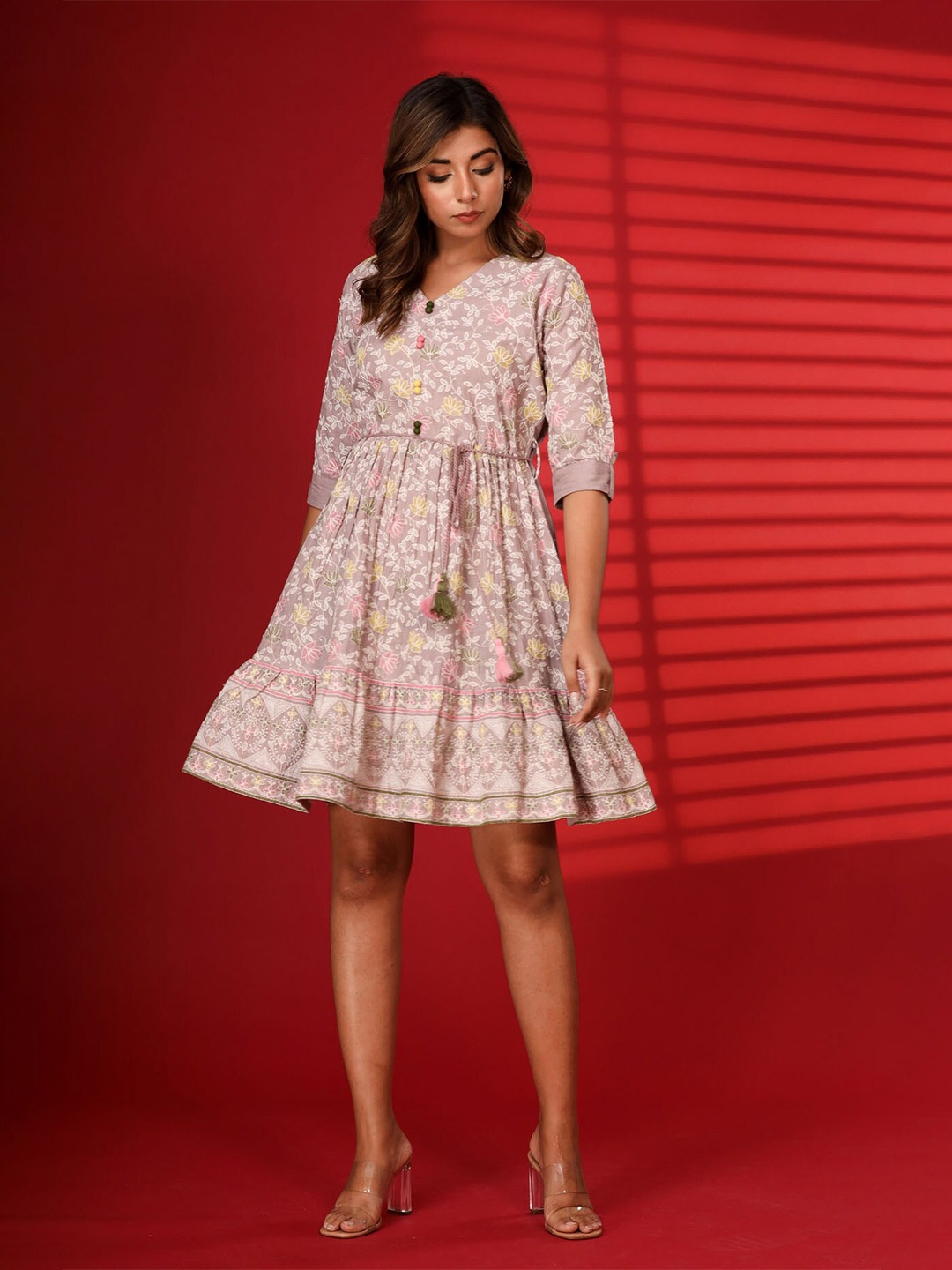 

FASHION DWAR Floral Embroidered V-Neck Gathered Pure Cotton Fit & Flare Dress, Lavender