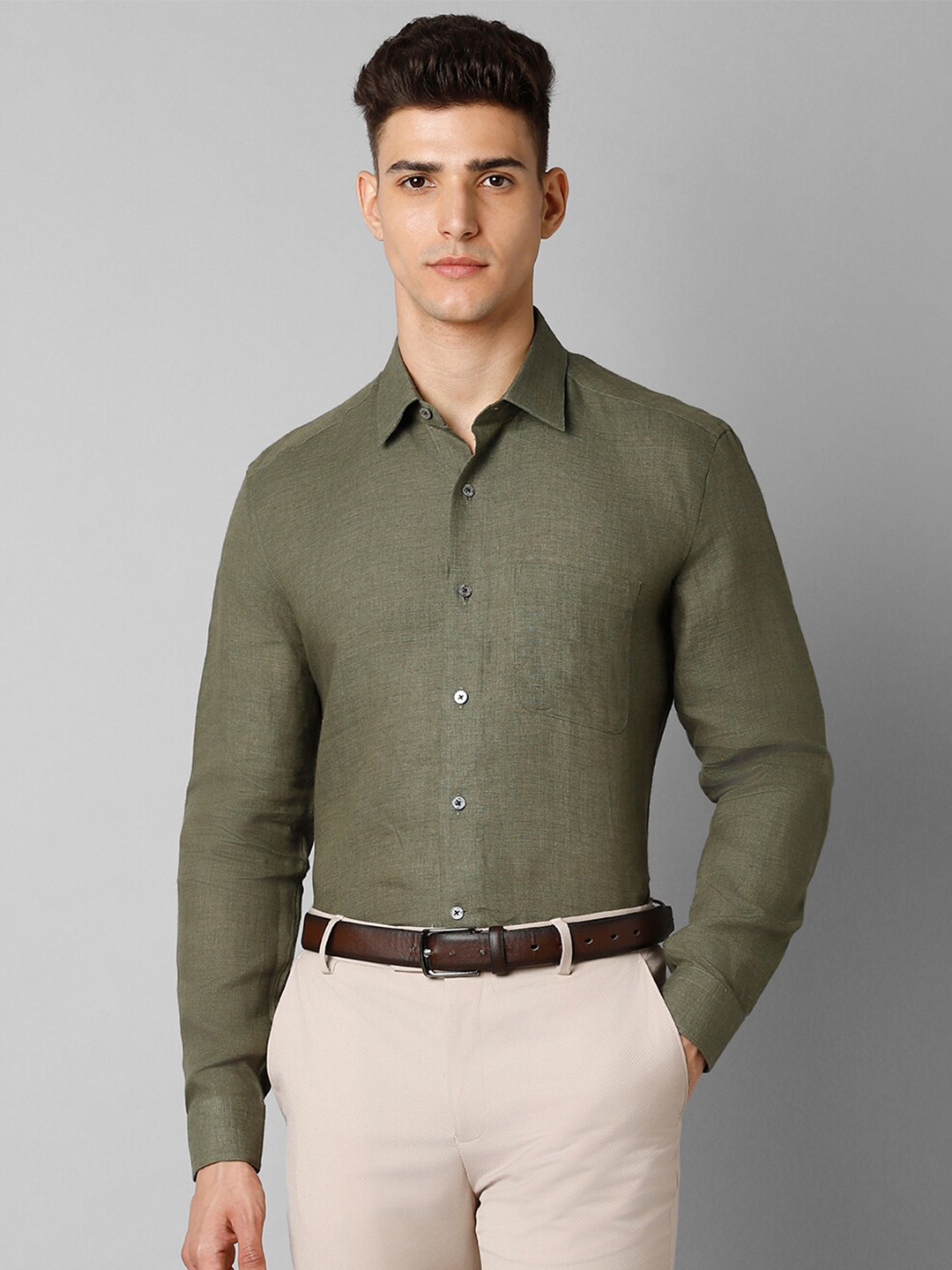 

Luxure by Louis Philippe Men Olive Green Slim Fit Linen Formal Shirt