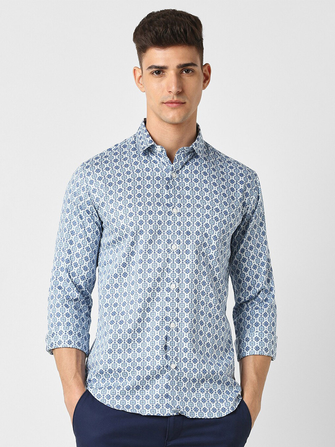 

V Dot Slim Fit Floral Opaque Printed Casual Shirt, Blue