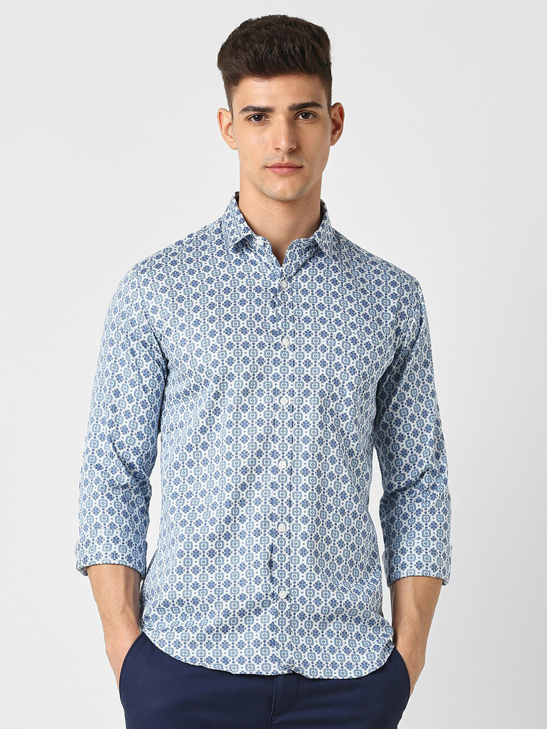 

V Dot Slim Fit Floral Opaque Printed Casual Shirt, Blue