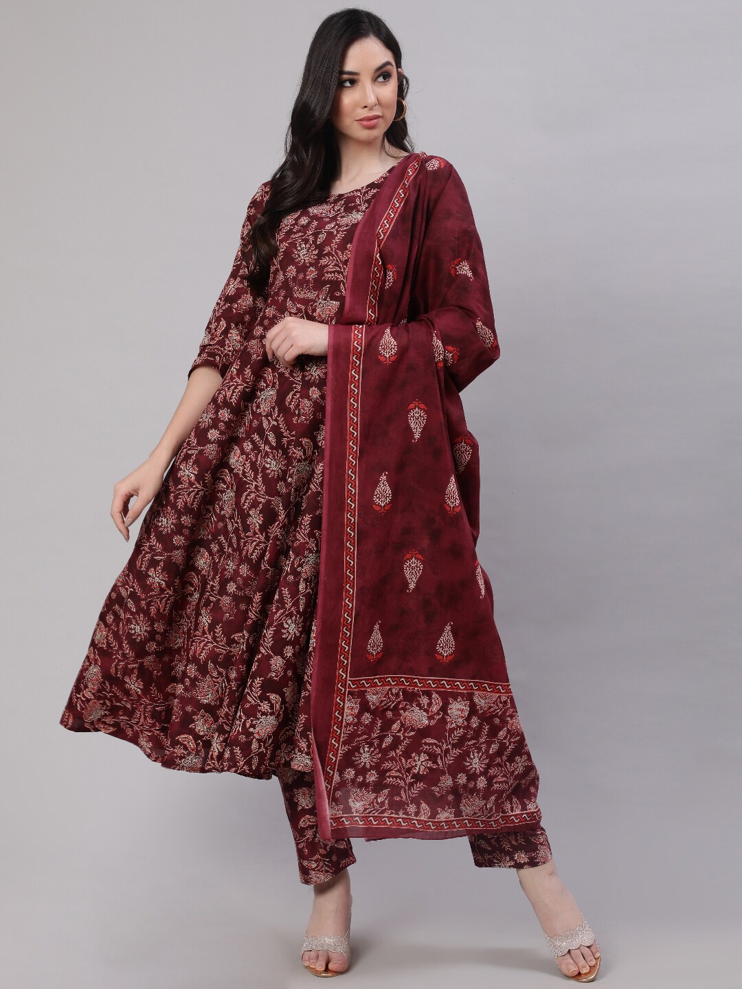 

Nayo Burgundy, White & Orange Floral Printed Pure Cotton Kurta & Trousers with Dupatta