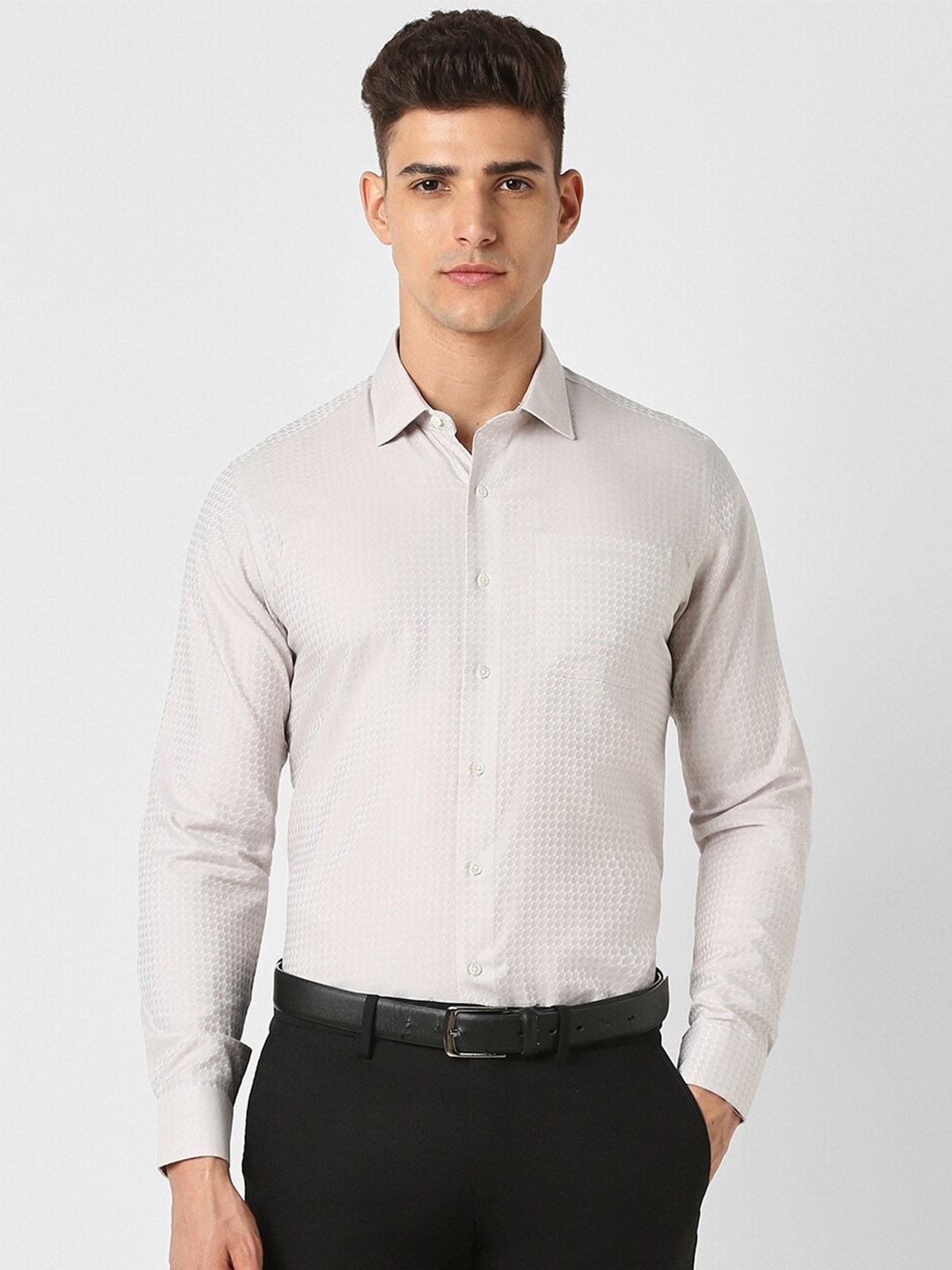 

Van Heusen World Wear Slim Fit Abstract Printed Formal Pure Cotton Shirt, Beige
