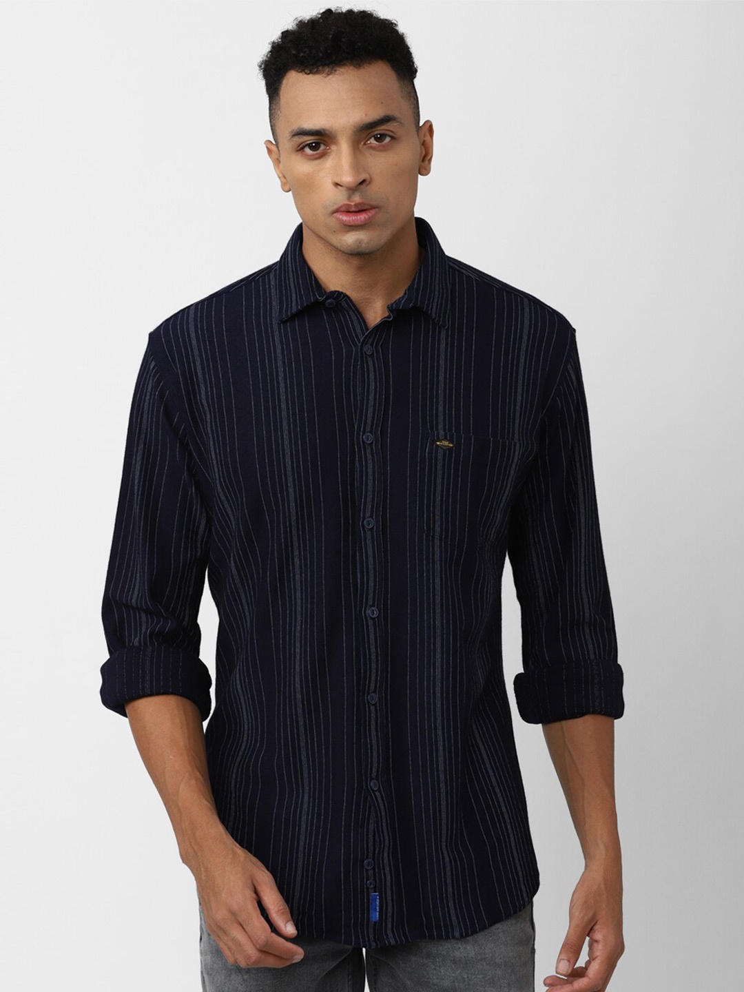 

VAN HEUSEN DENIM LABS Slim Fit Striped Casual Pure Cotton Shirt, Navy blue