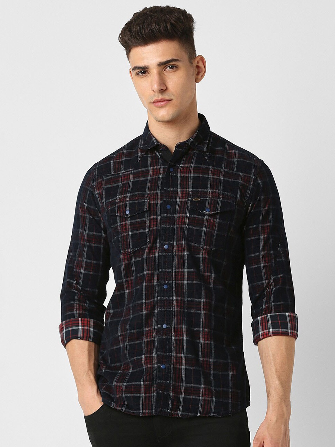 

VAN HEUSEN DENIM LABS Slim Fit Tartan Checked Pure Cotton Casual Shirt, Black
