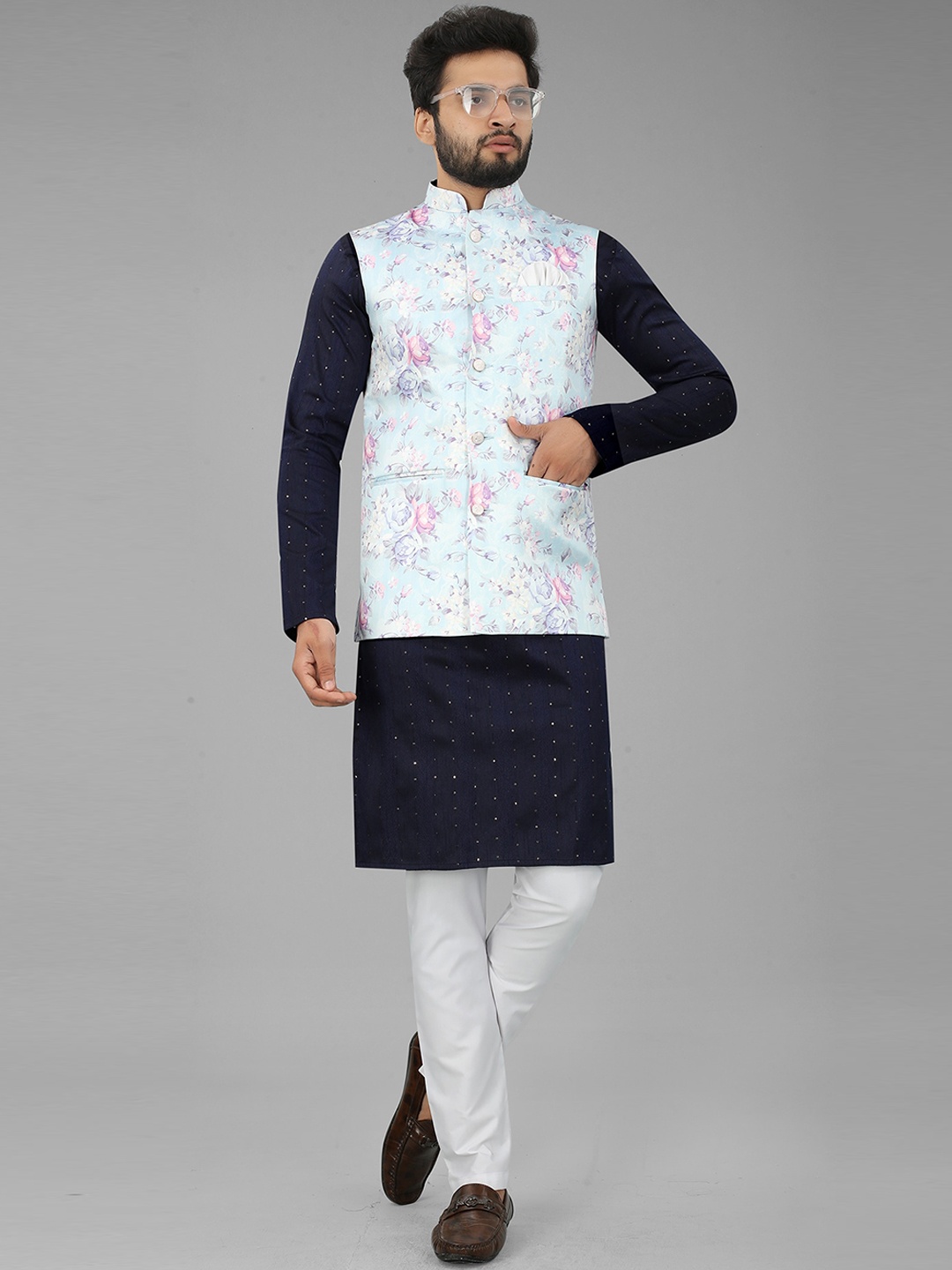 

N N ENTERPRISE Floral Printed Nehru Jackets, Blue