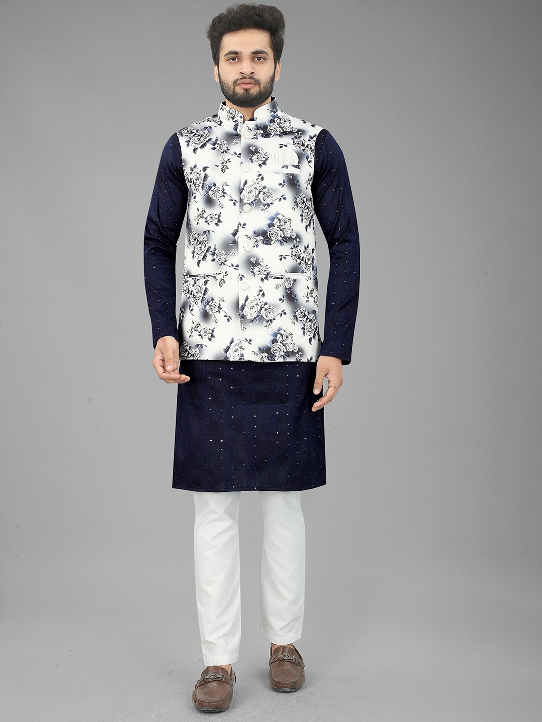 

N N ENTERPRISE Floral Printed Nehru Jacket, White