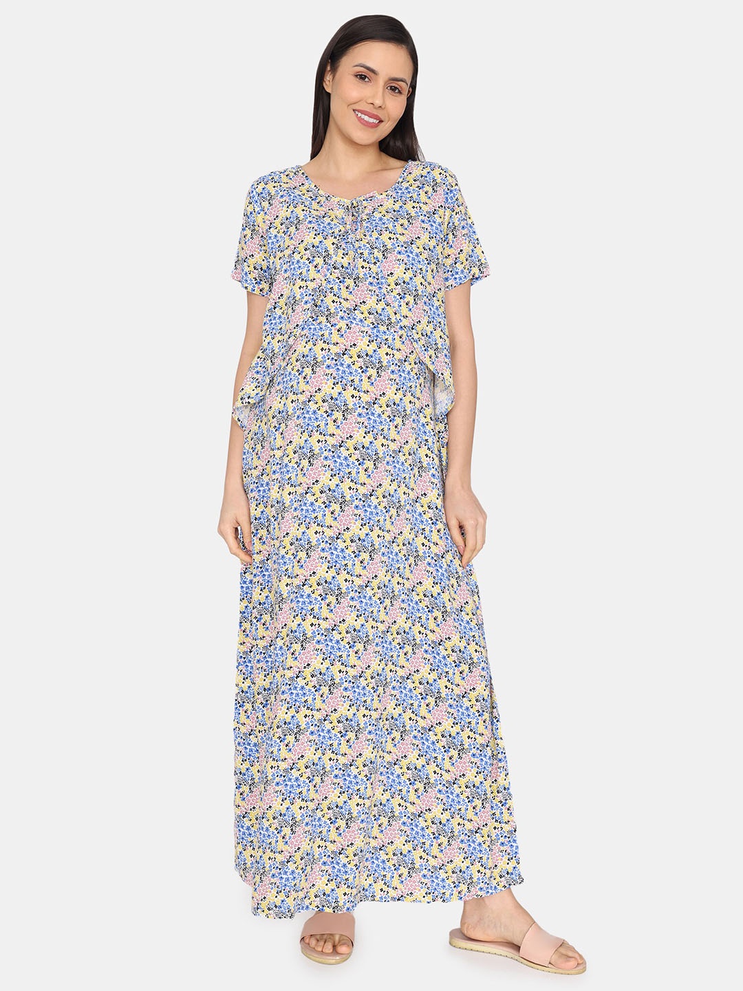 

Coucou by Zivame Floral Printed Maternity Maxi Nightdress, Blue