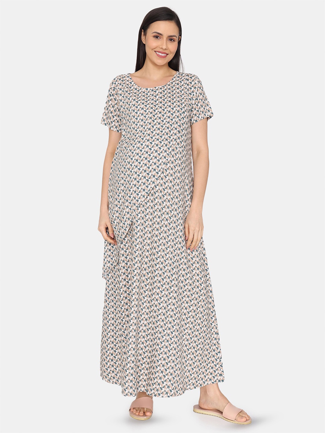 

Coucou by Zivame Geometric Printed Pure Cotton Maternity Maxi Nightdress, Green