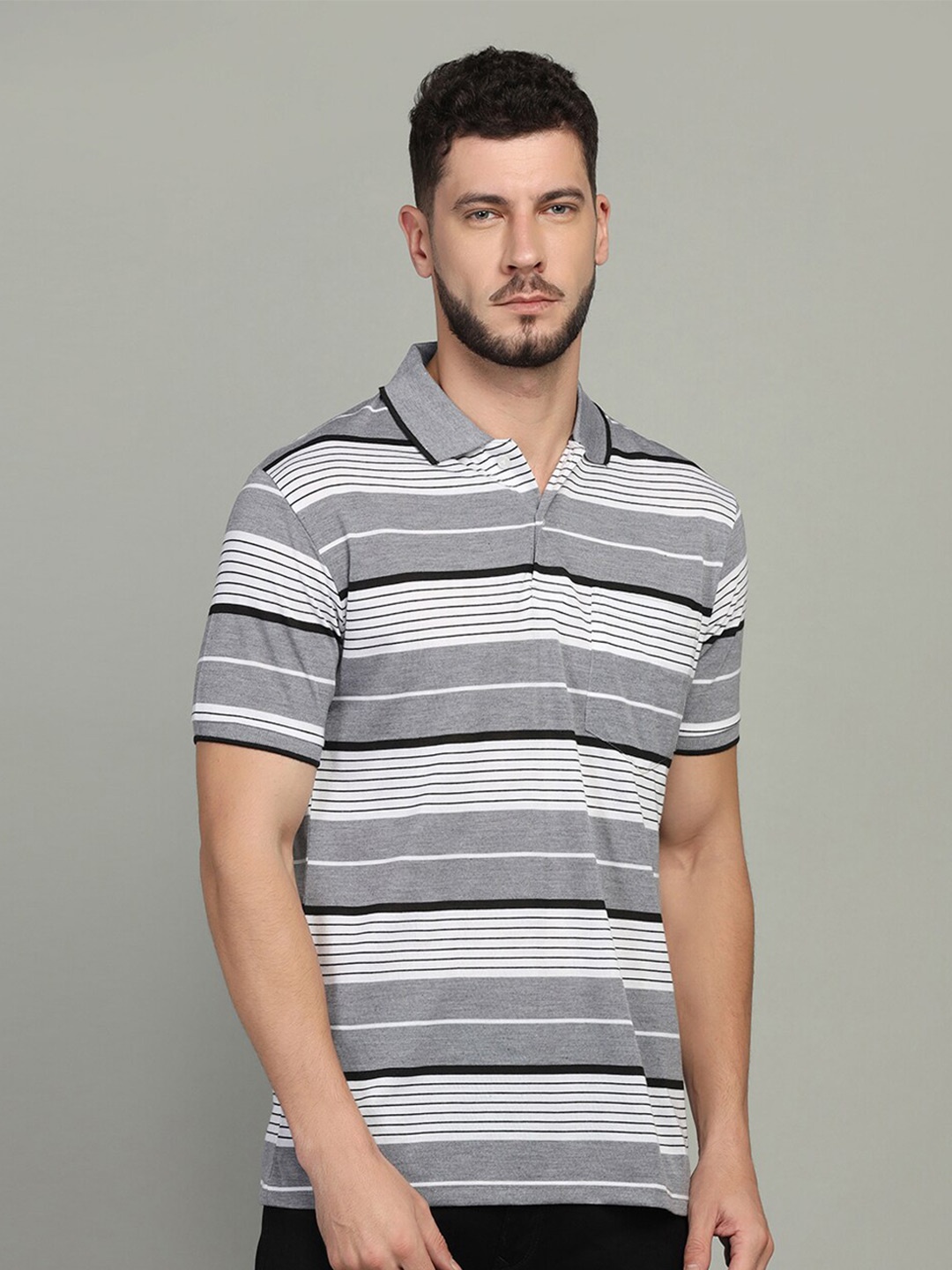 

INKKR Horizontal Striped Polo Collar T-Shirt, Grey