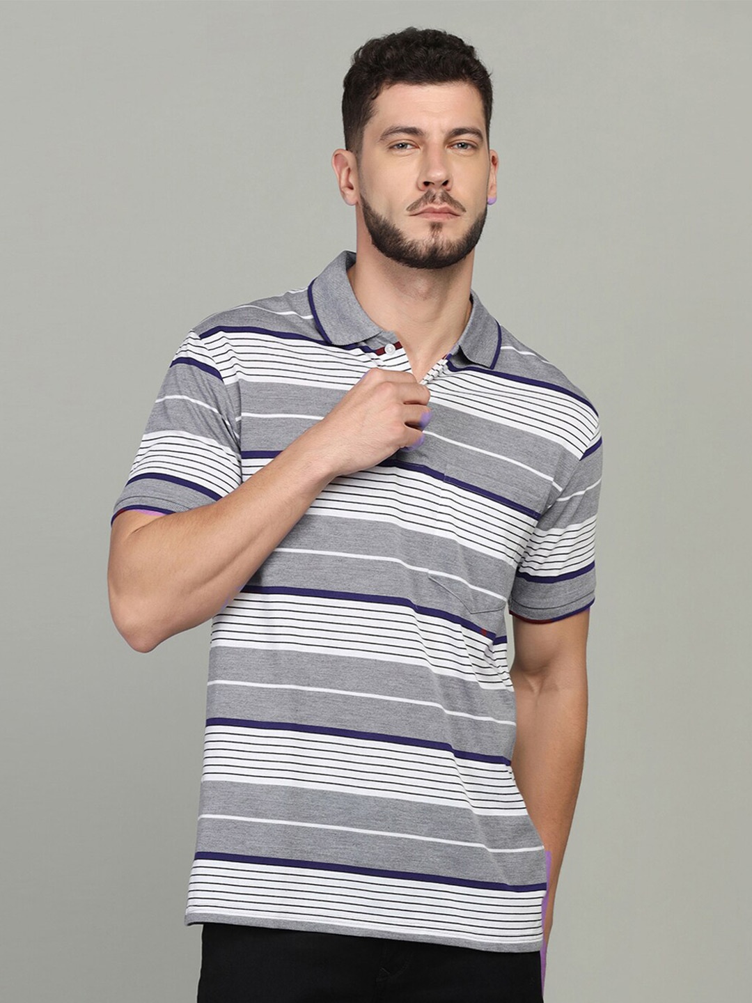 

INKKR Striped Polo Collar T-shirt, Grey