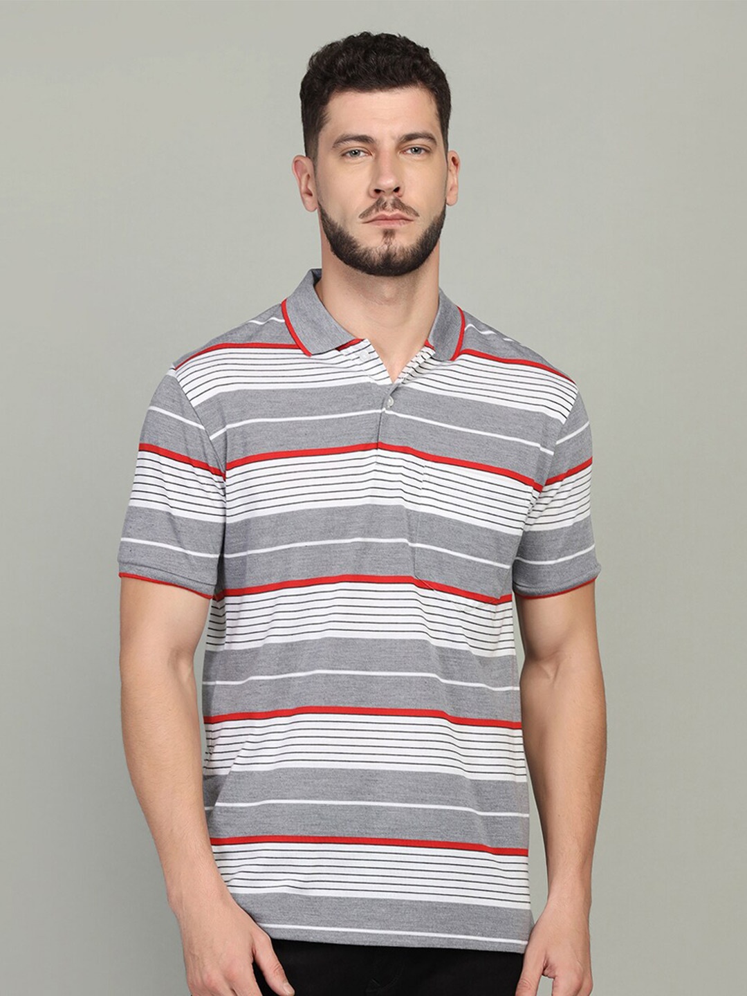 

INKKR Striped Polo Collar T-shirt, Grey