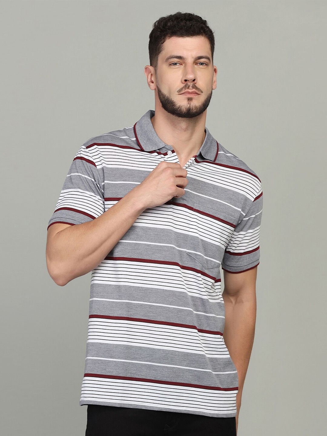 

INKKR Striped Polo Collar T-shirt, Grey