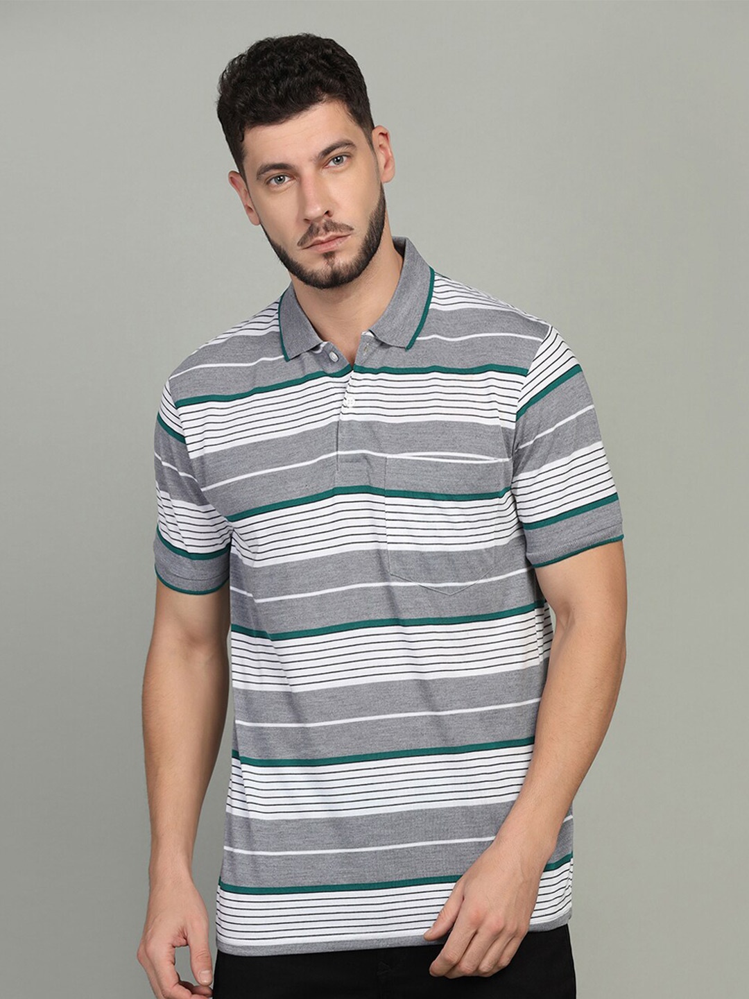 

INKKR Striped Polo Collar T-shirt, Grey