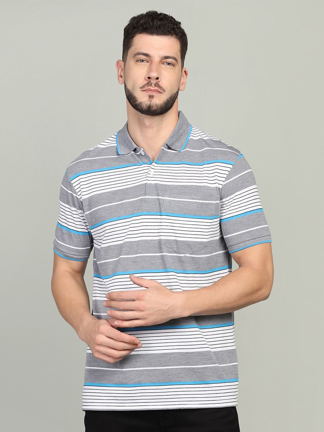 

INKKR Striped Polo Collar T-shirt, Grey