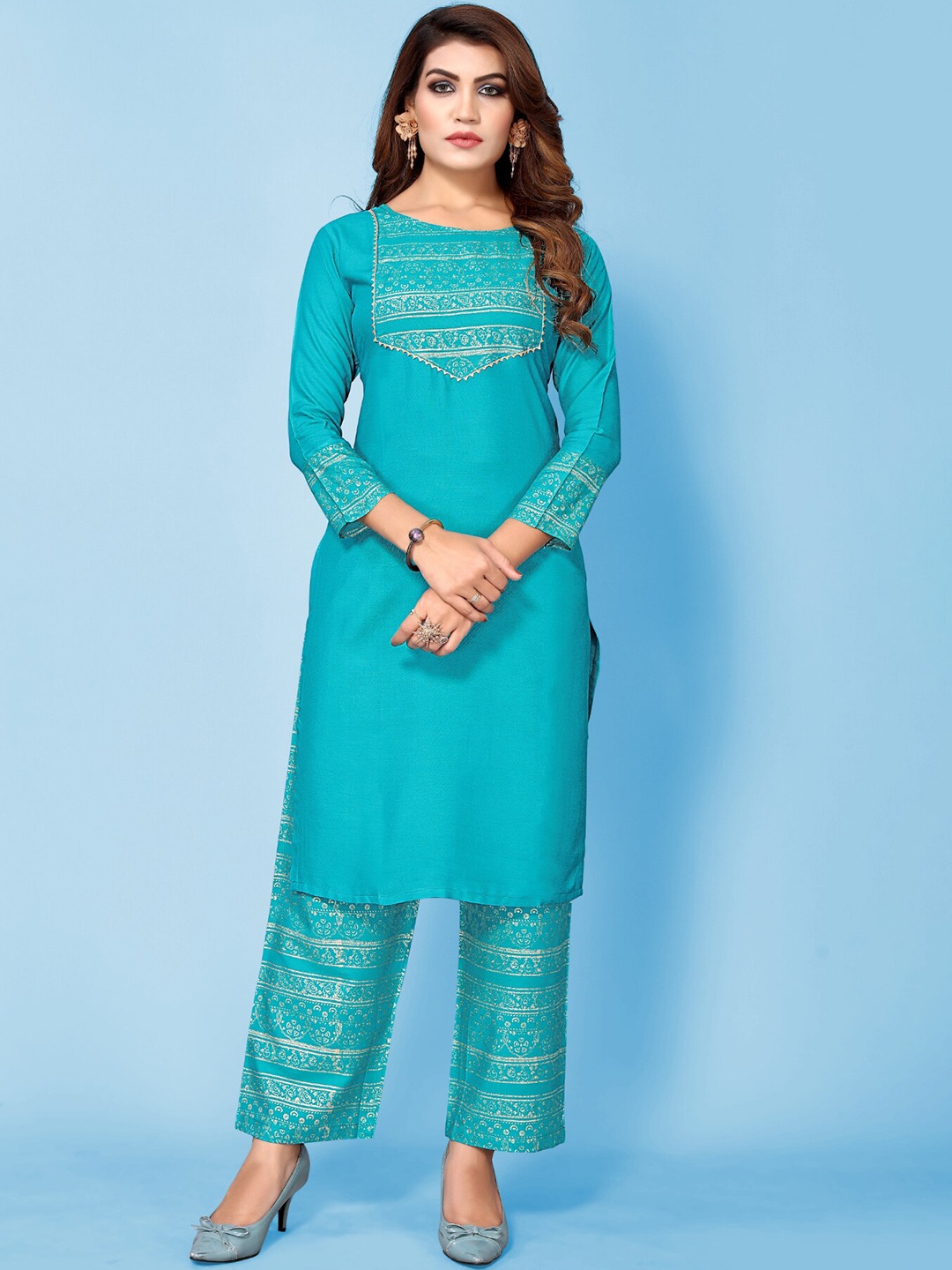 

Happy Design Ethnic Printed Yoke Straight Kurta with Trousers, Turquoise blue