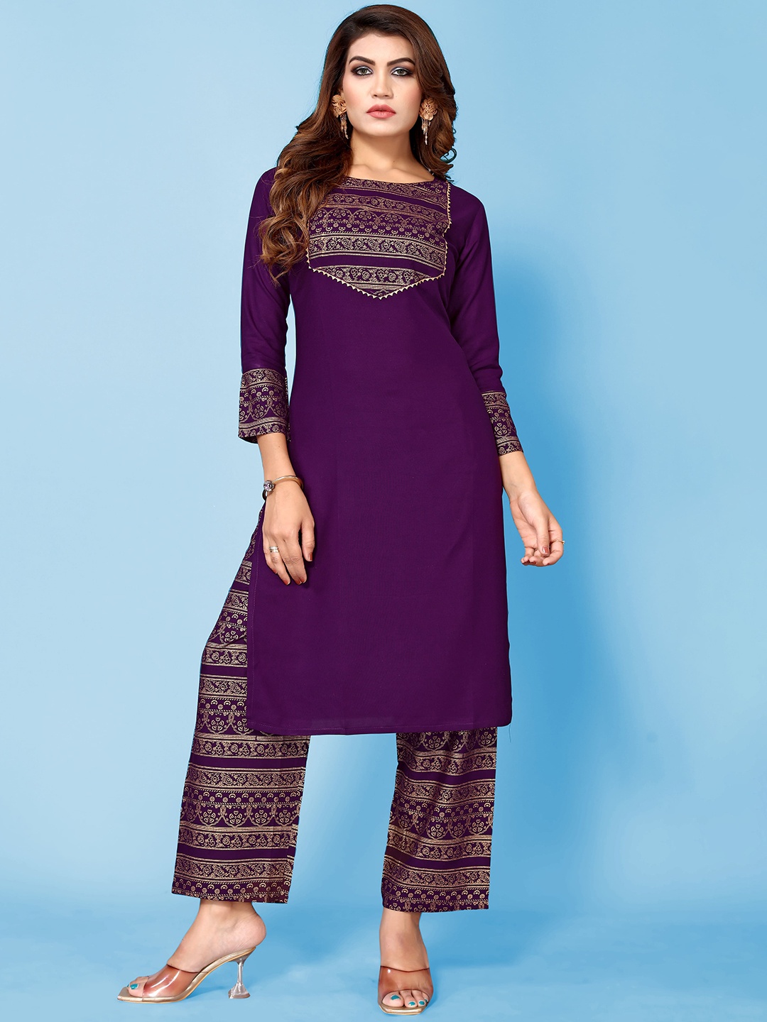 

Happy Design Ethnic Motifs Foil Printed Gotta Patti Straight Kurta With Palazzos, Purple