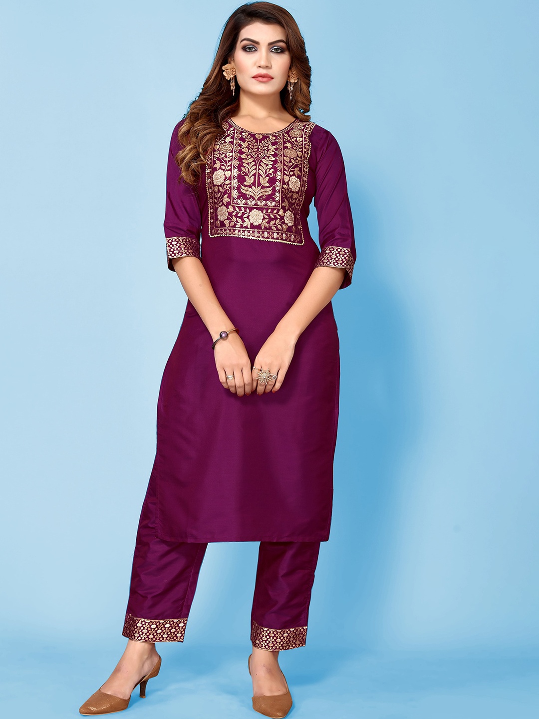

Happy Design Ethnic Embroidered Kurta With Trousers, Purple