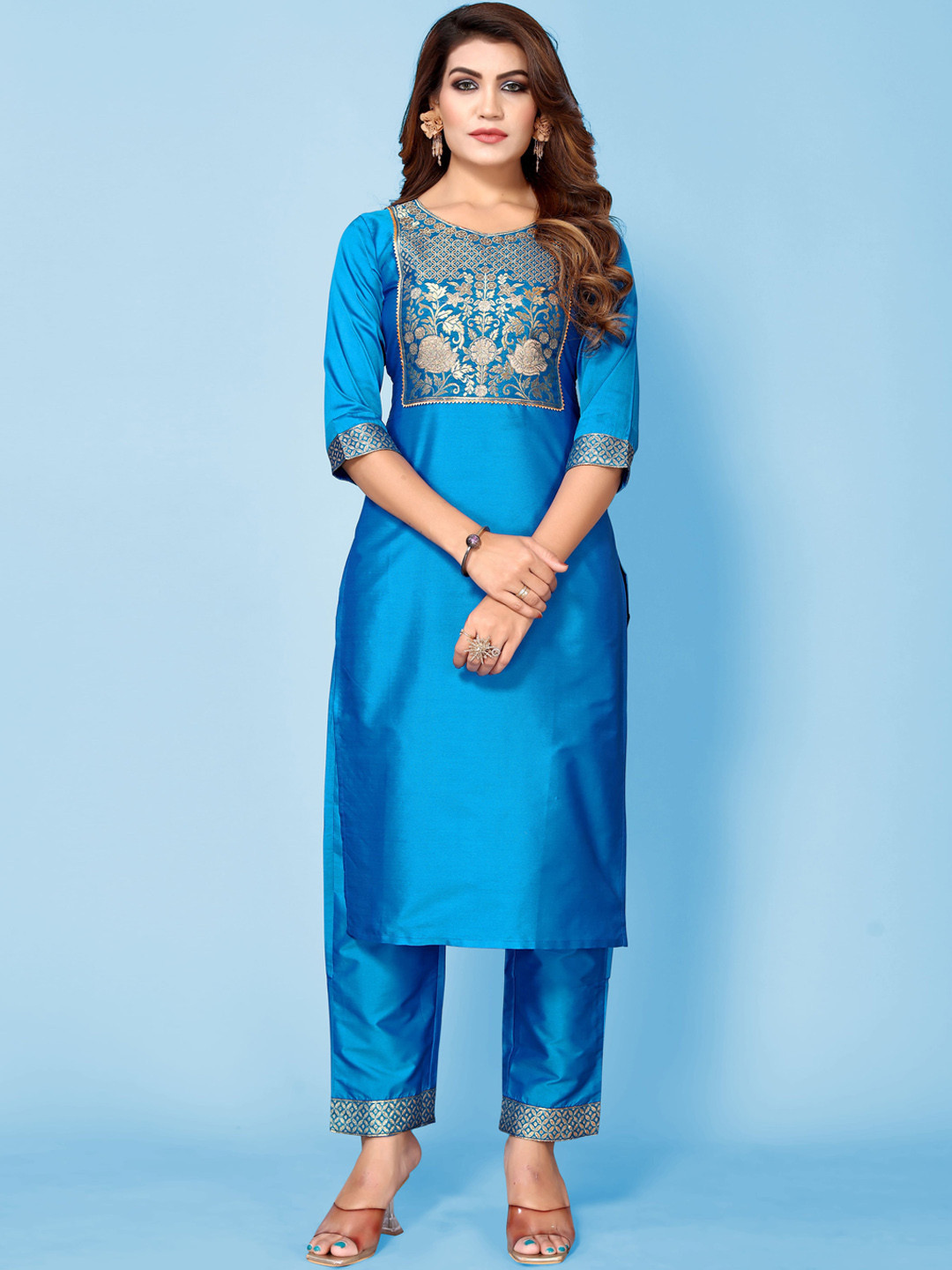 

Happy Design Ethnic Motifs Foil Printed Gotta Patti Straight Kurta With Trousers, Blue