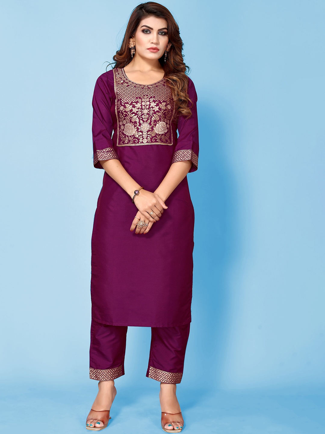 

Happy Design Ethnic Embroidered Kurta With Trousers, Purple