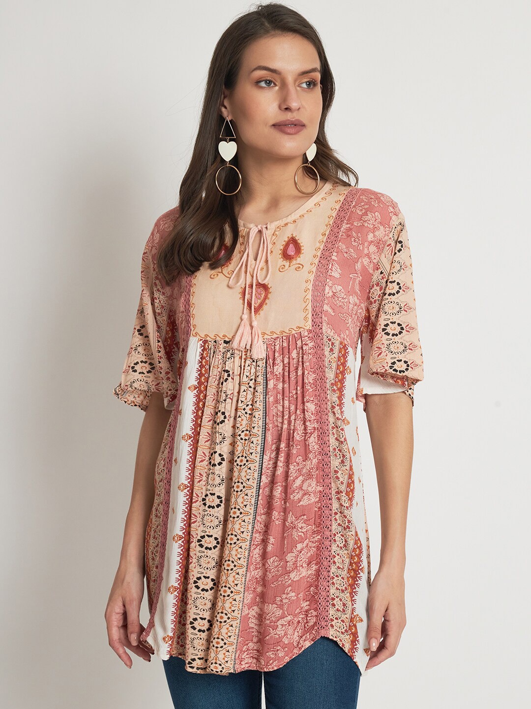 

VELDRESS Ethnic Motifs Printed Tie-Up Neck Longline Top, Pink