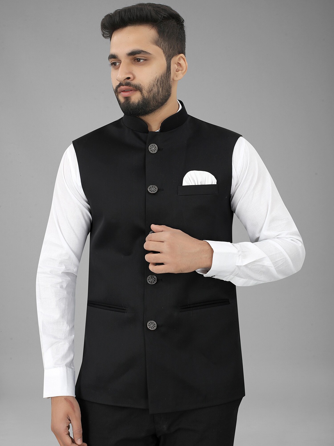 

N N ENTERPRISE Mandarin Collar Satin Nehru Jacket, Black