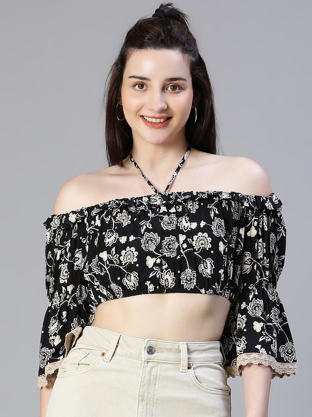 

Oxolloxo Ethnic Printed Gathered Tie-Up Neck Bell Sleeve Bardot Crop Top, Black