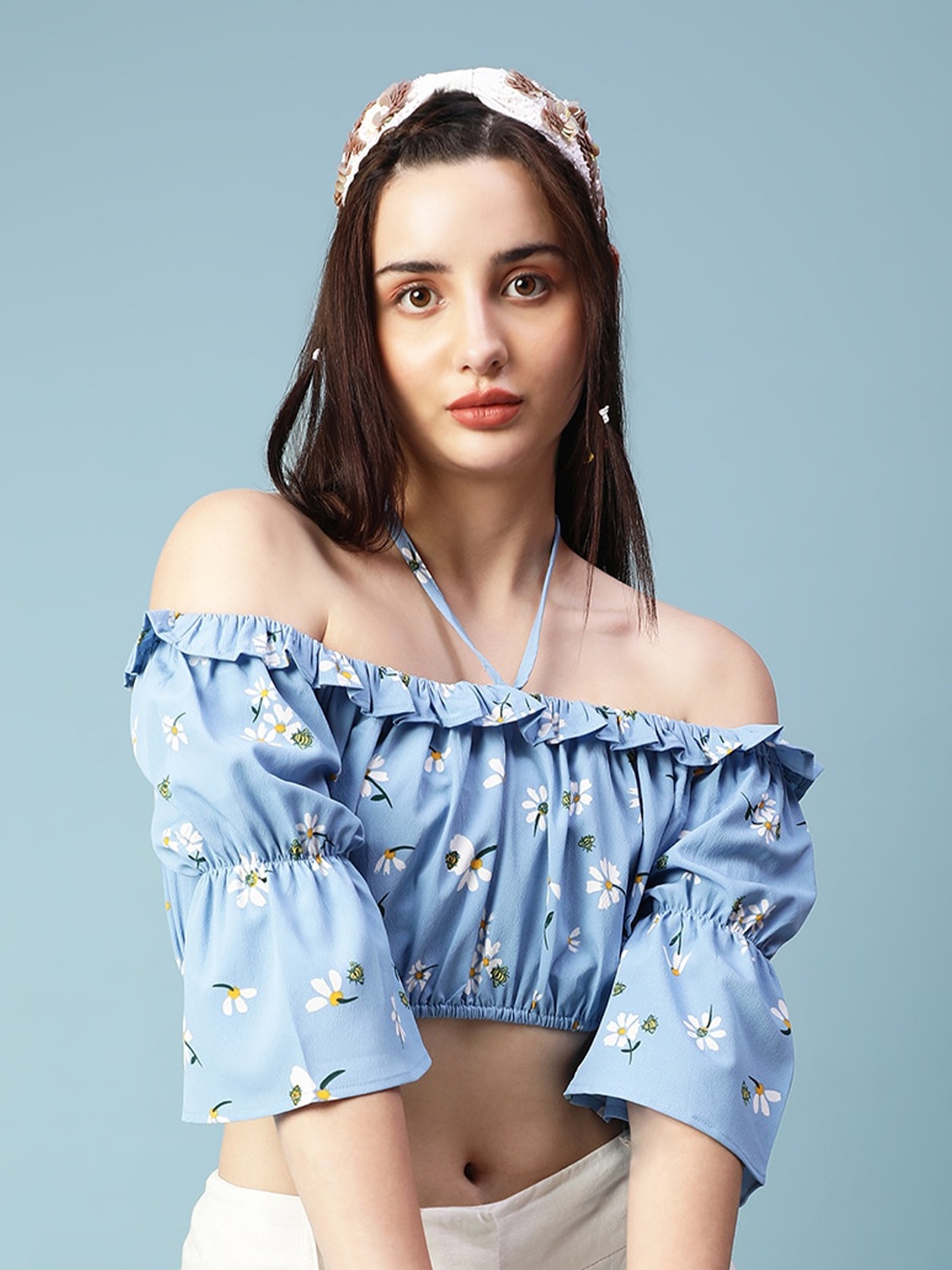 

Oxolloxo Floral Printed Gathered Tie-Up Neck Bell Sleeve Ruffles Bardot Crop Top, Blue