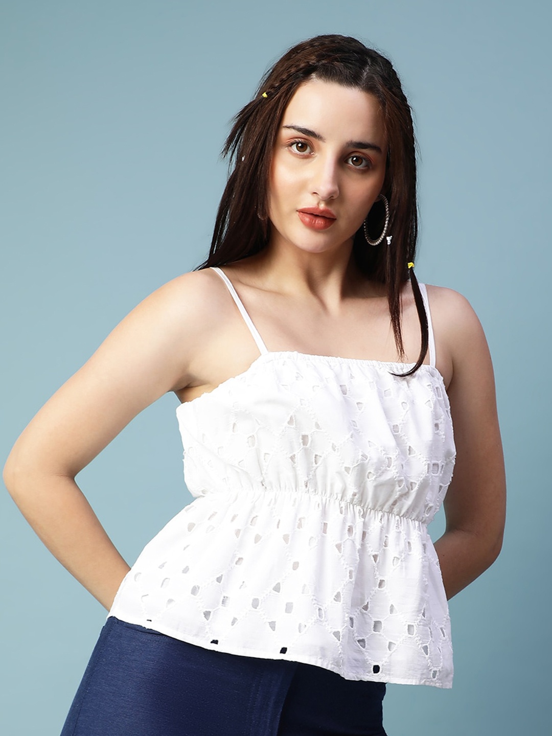 

Oxolloxo Embroidered Cut out Shoulder Strap Pure Cotton Empire Top, White