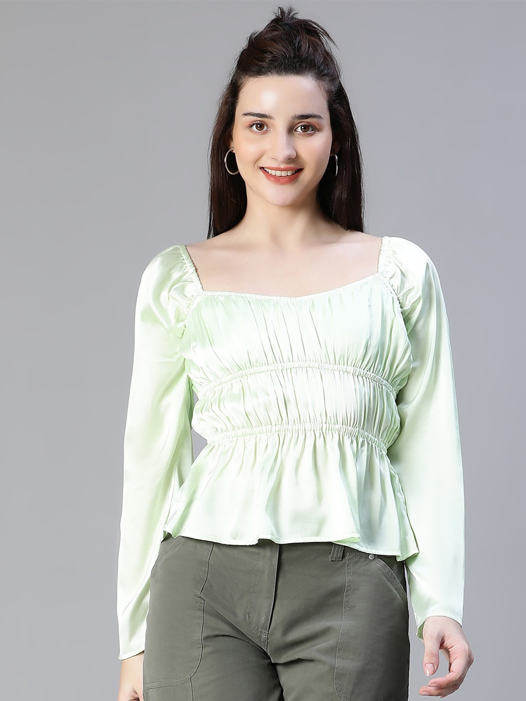 

Oxolloxo Square Neck Peplum Top, Green