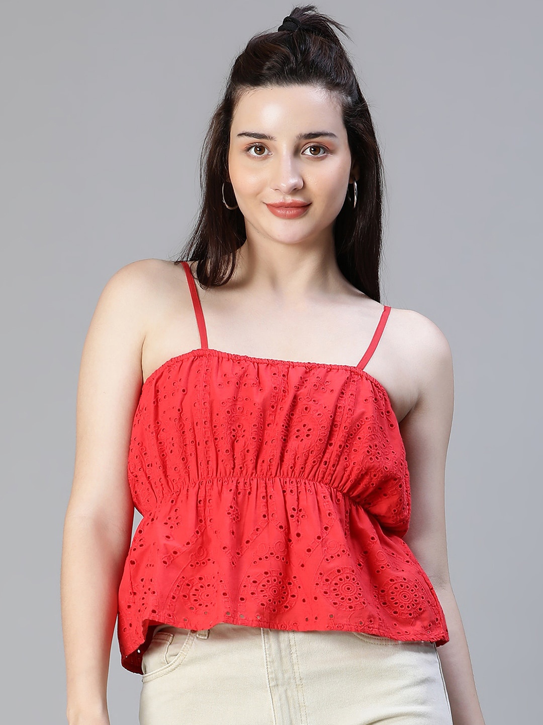 

Oxolloxo Schiffli Shoulder Cotton Strap Cinched Waist Top, Red