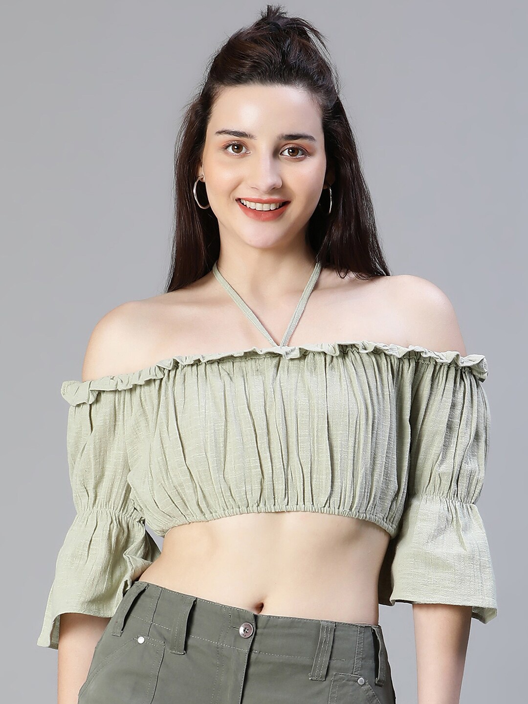 

Oxolloxo Halter Neck Bardot Cotton Crop Top, Green