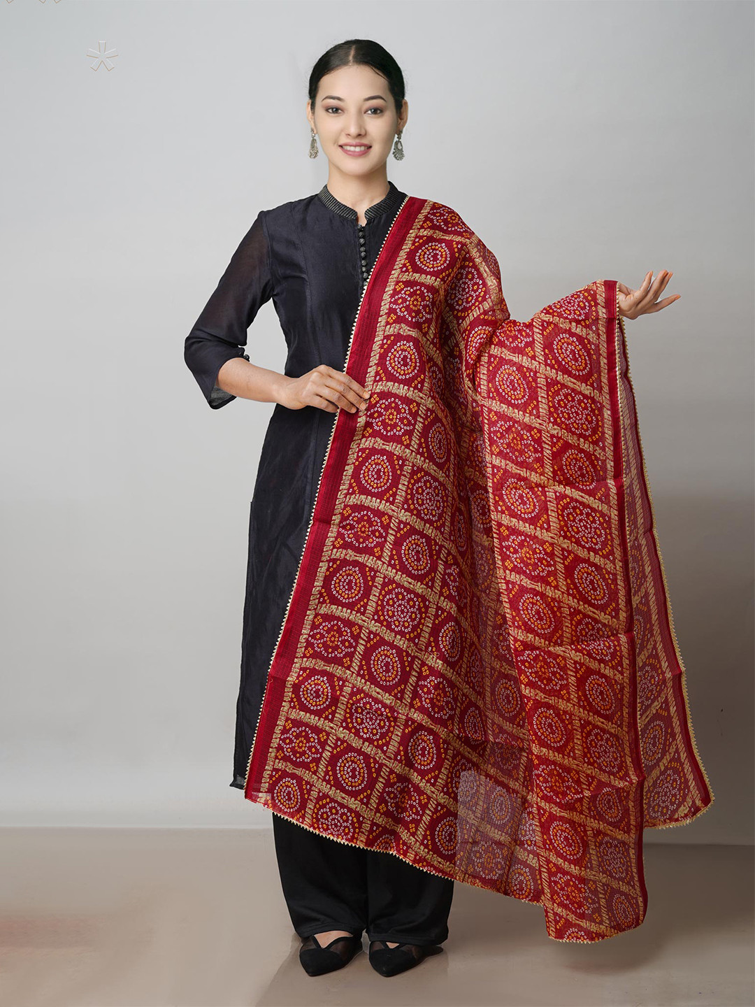 

Unnati Silks Printed Pure Cotton Gota Patti Bandhani Kota Dupatta, Red