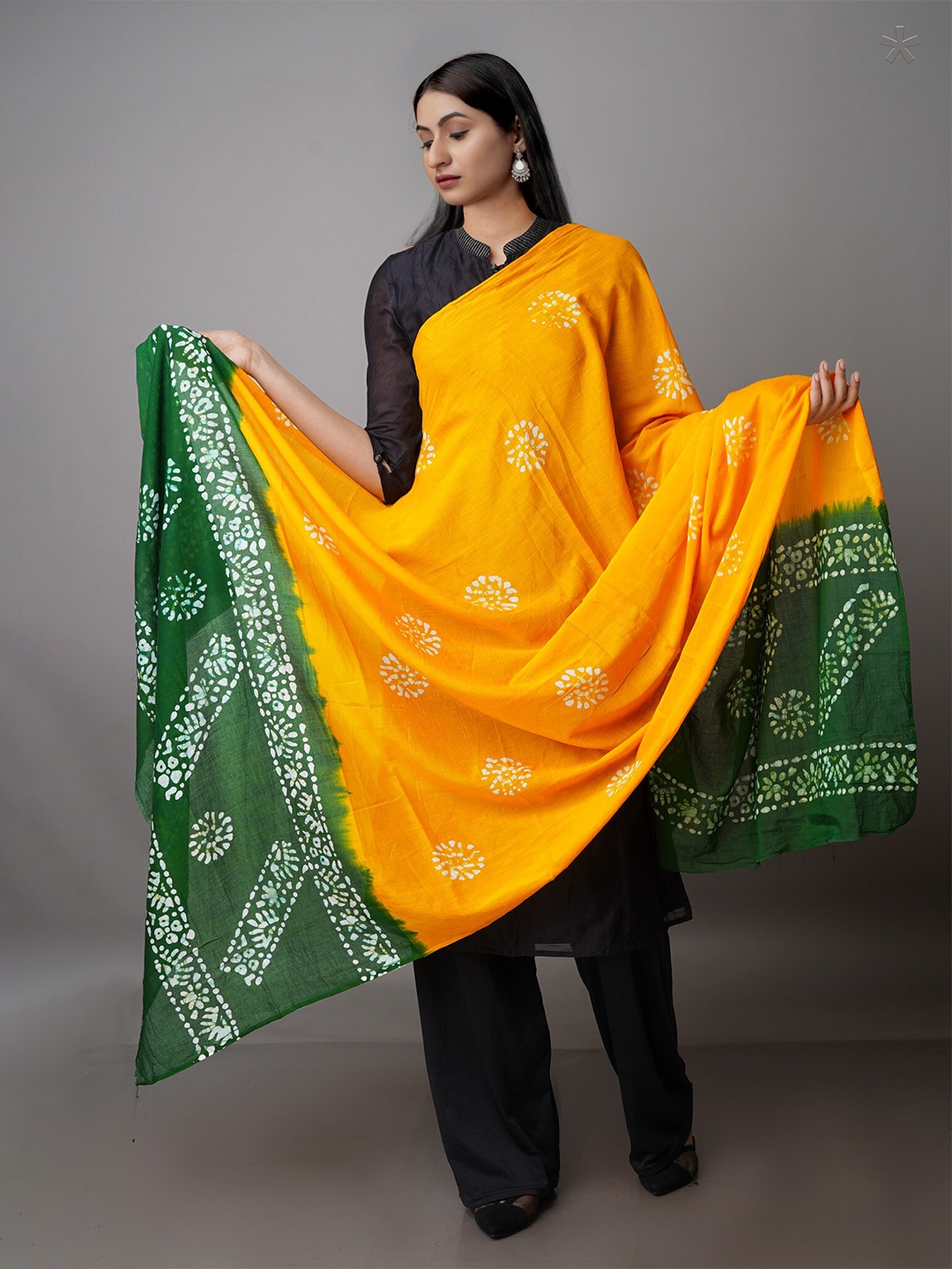 

Unnati Silks Ethnic Motifs Printed Pure Cotton Batik Dupatta, Yellow