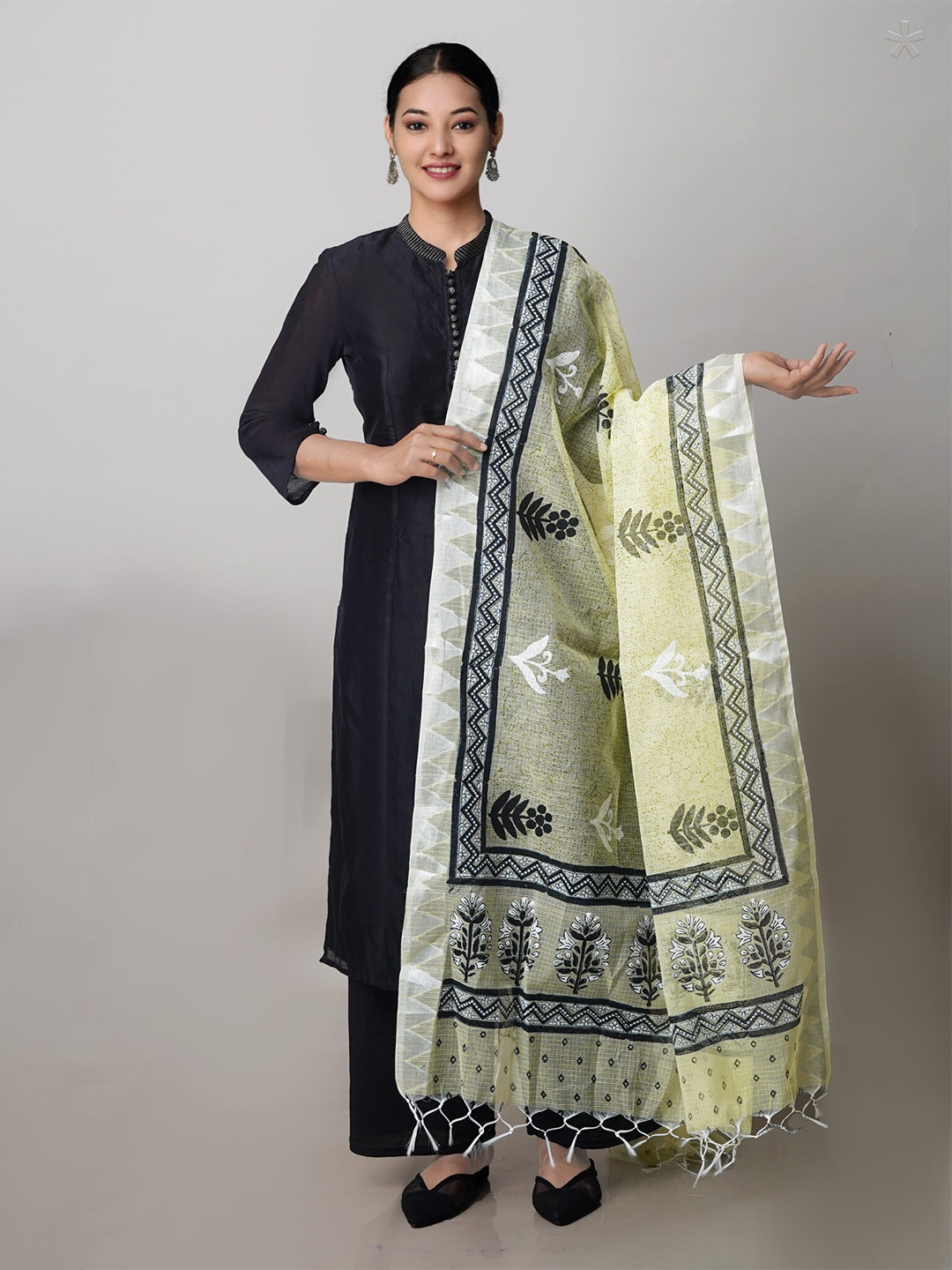 

Unnati Silks Ethnic Motifs Pure Cotton Block Print Dupatta With Zari, Yellow