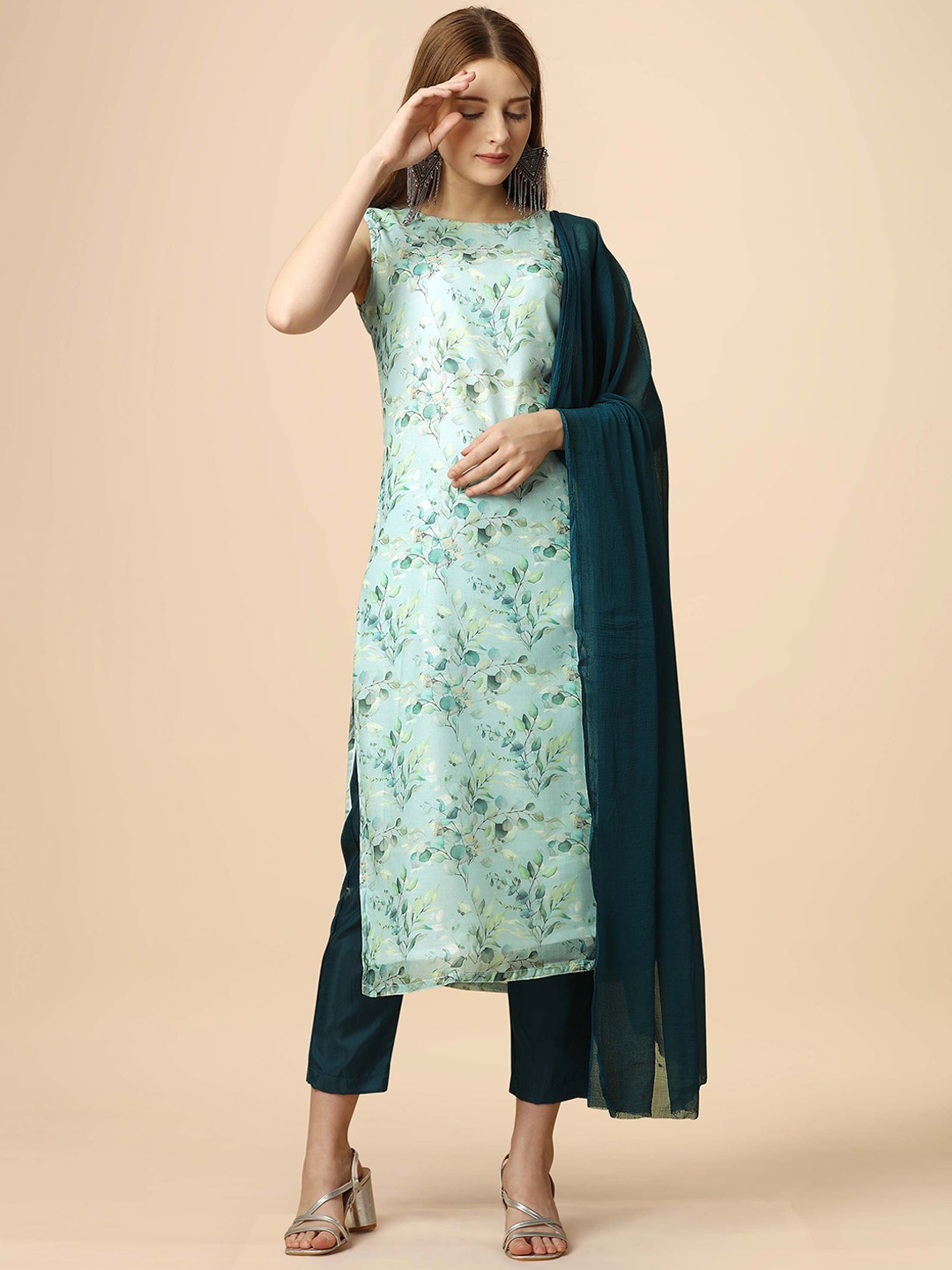 

heemara Floral Printed Boat Neck Regular Kurta With Trousers & Dupatta, Teal