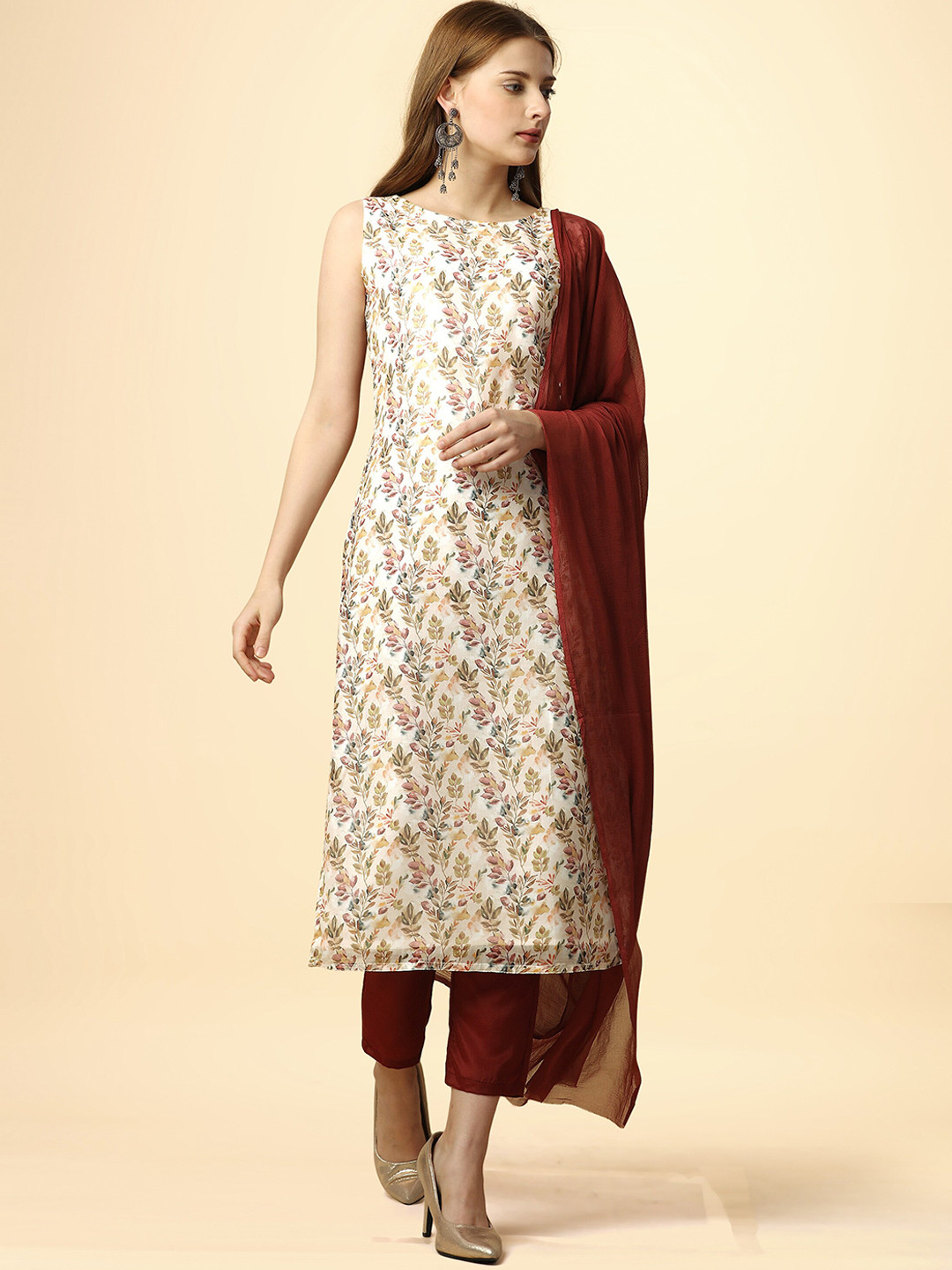 

heemara Floral Printed Boat Neck Regular Kurta With Trousers & Dupatta, Cream