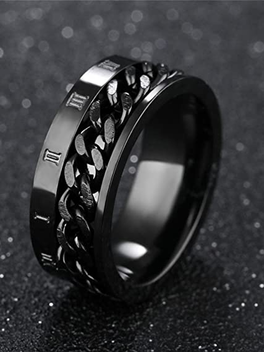 

MEENAZ Men Silver Plated Textured Band Ring, Black