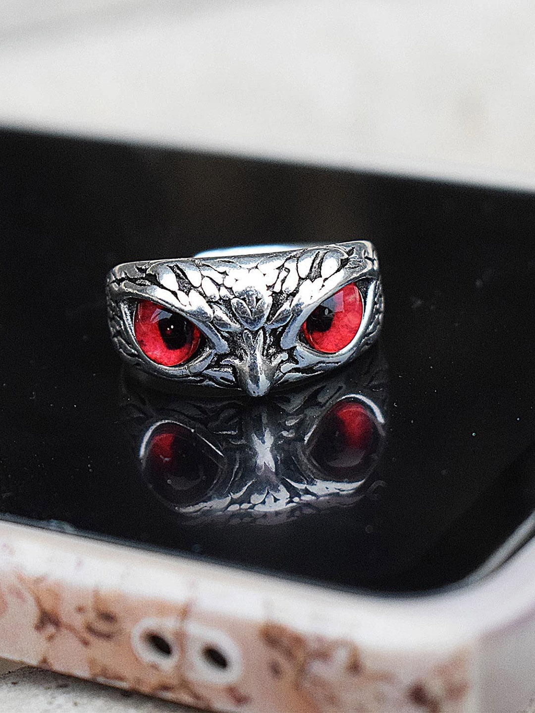 

MEENAZ Men Silver-Plated Stainless Steel Evil Eye Finger Ring