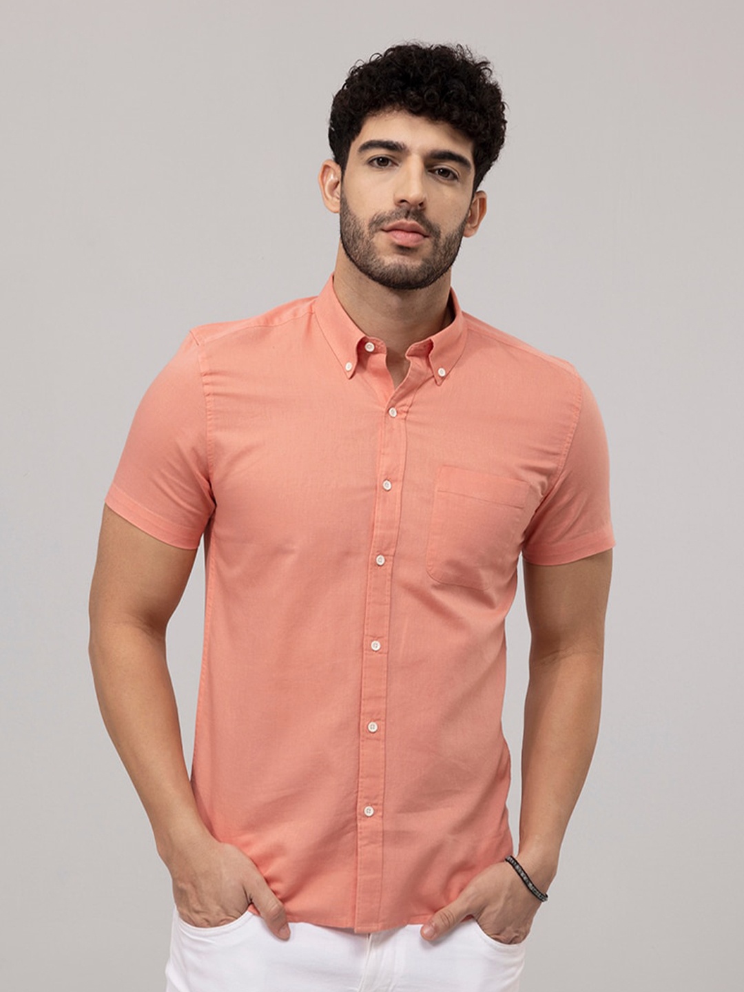 

Snitch Red Linen Slim Fit Opaque Casual Shirt