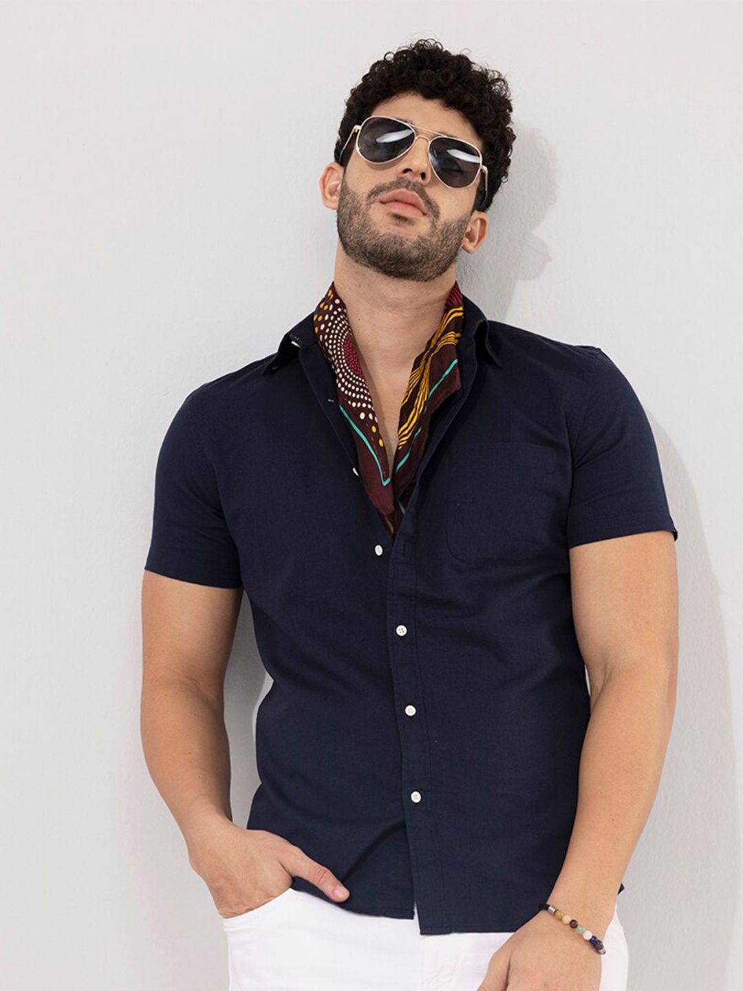 

Snitch Navy Blue Linen Slim Fit Opaque Casual Shirt