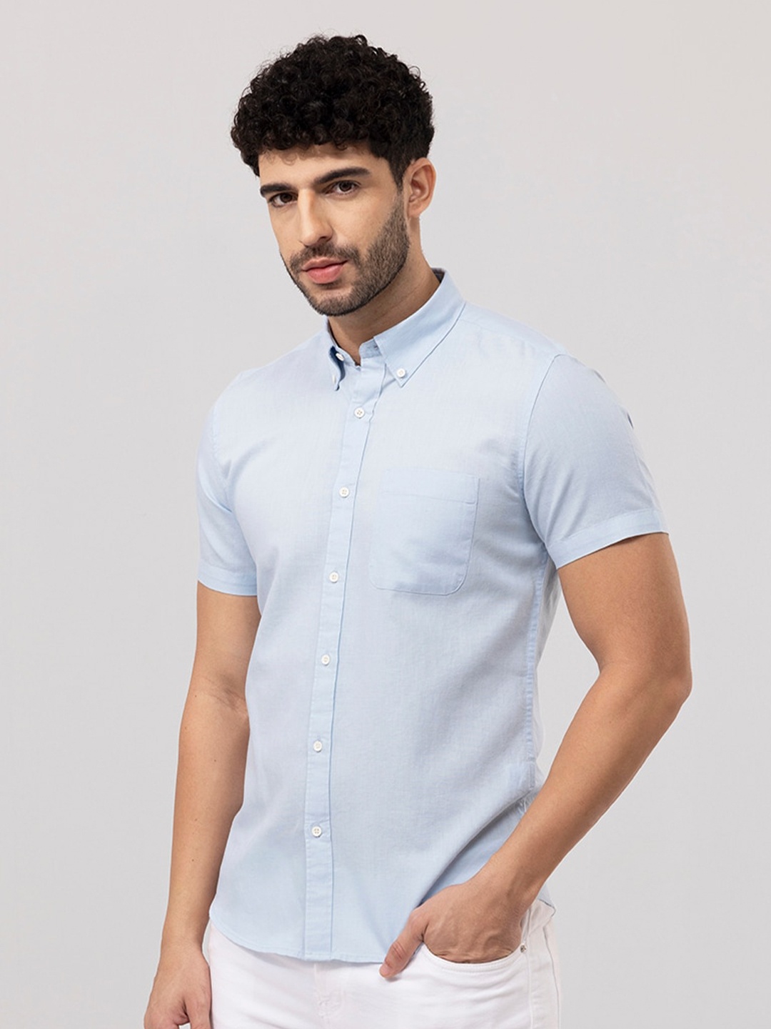 

Snitch Blue Linen Slim Fit Opaque Casual Shirt