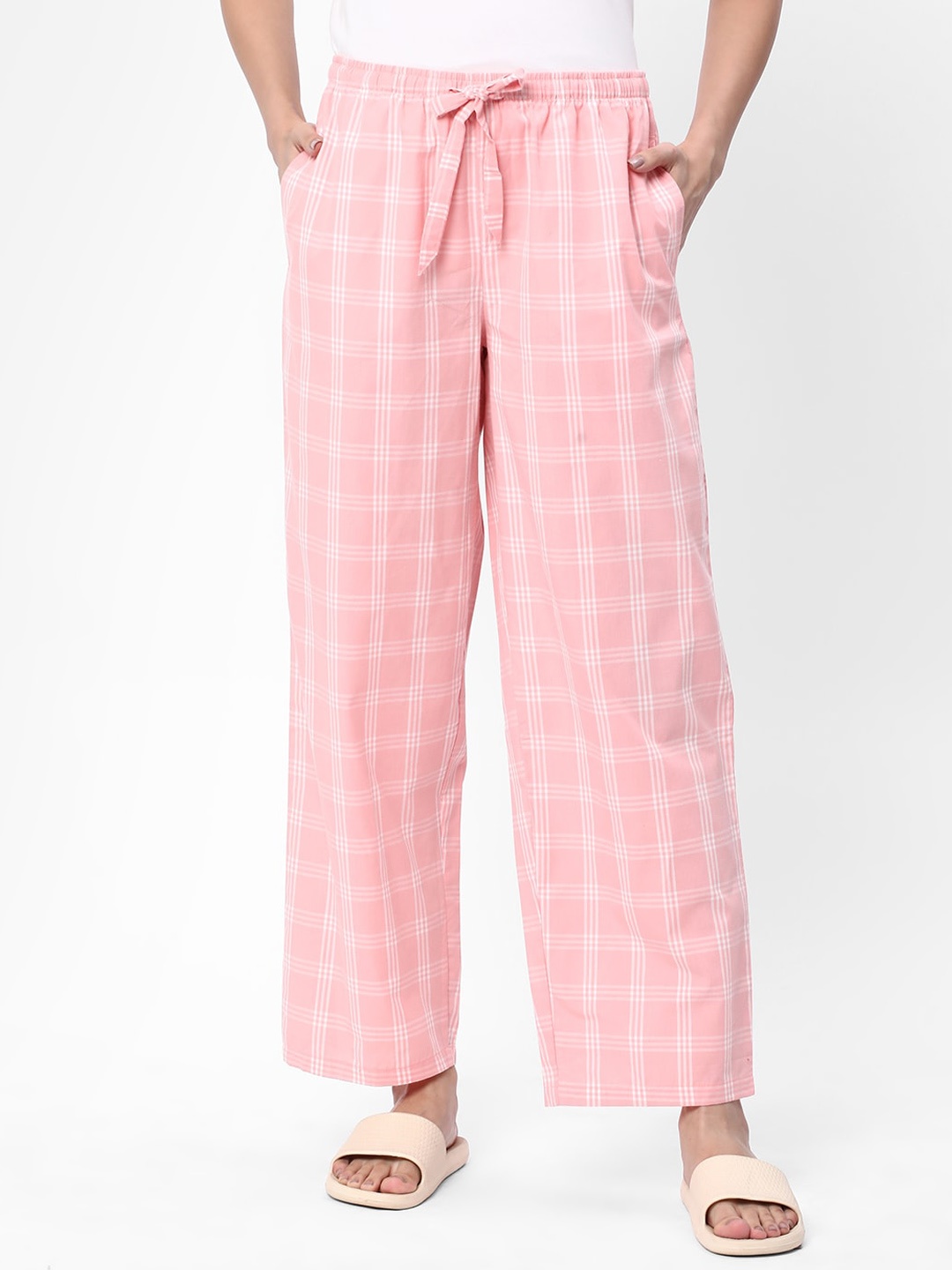 

R&B Checked Mid-Rise Cotton Lounge Pants, Pink