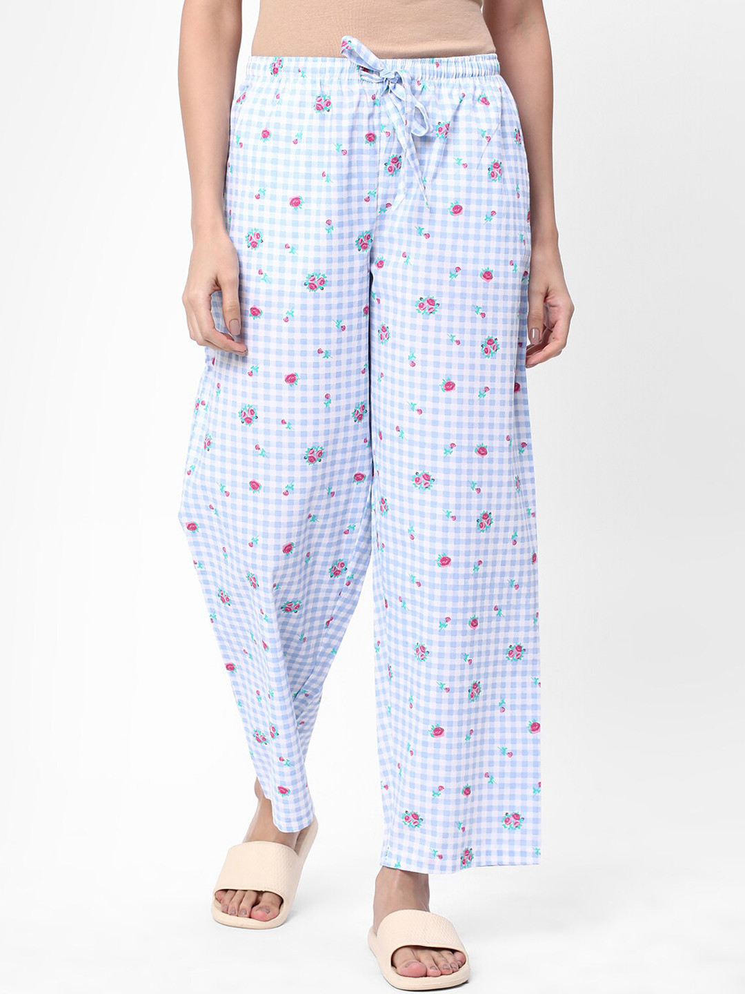 

R&B Women Floral Printed Straight Cotton Lounge Pants, Blue