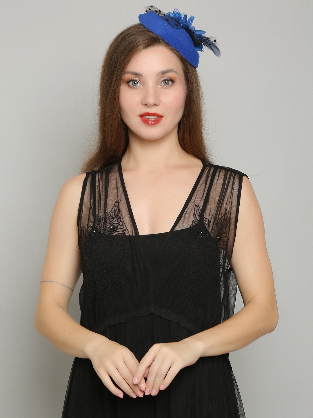 

COLOR STYLE Flower Mesh Ribbons Feathers Fedoras Hairband, Blue