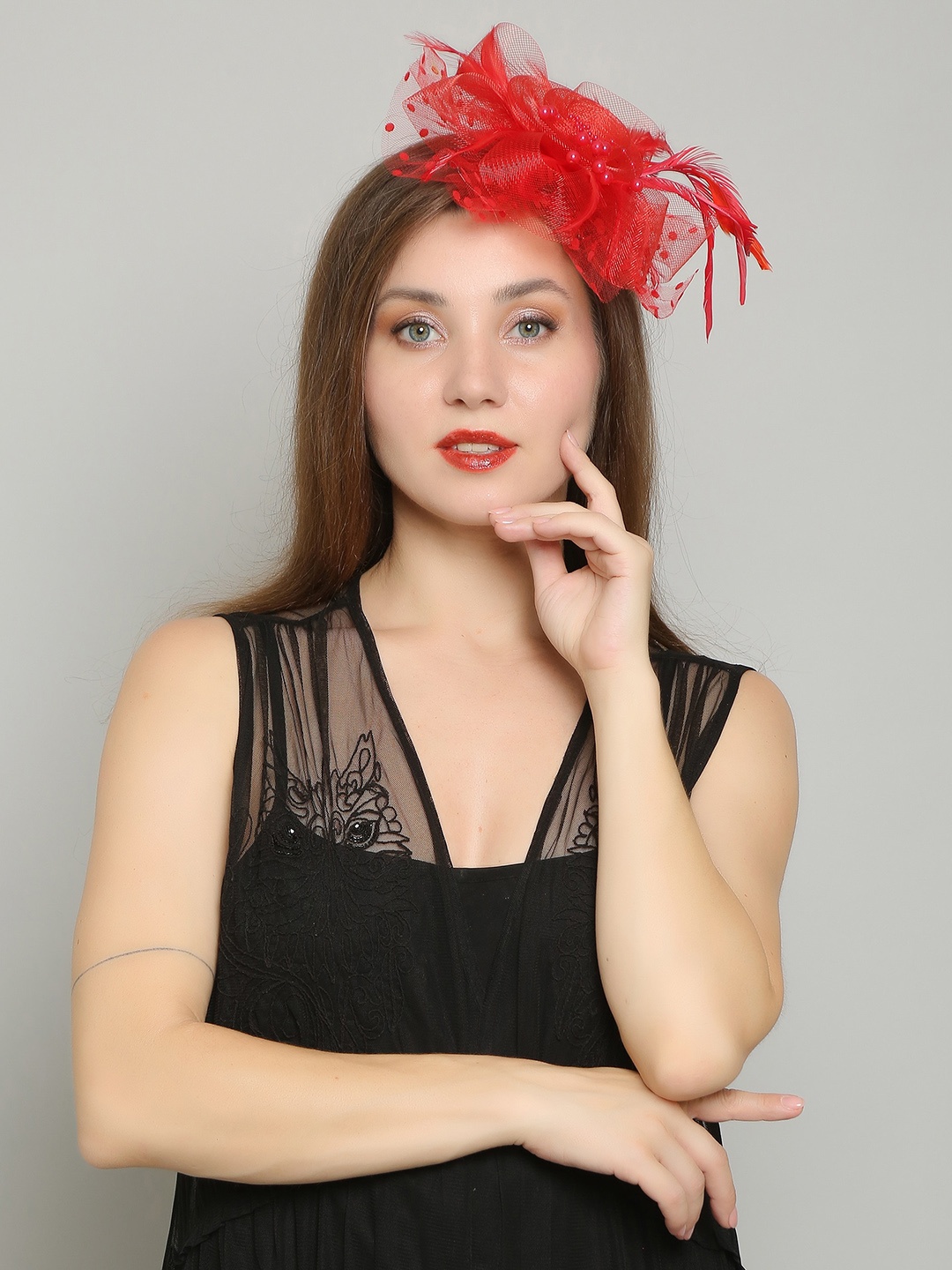 

COLOR STYLE Mesh Flowers & Feather Detail Mini Fedora Hat Headband, Red