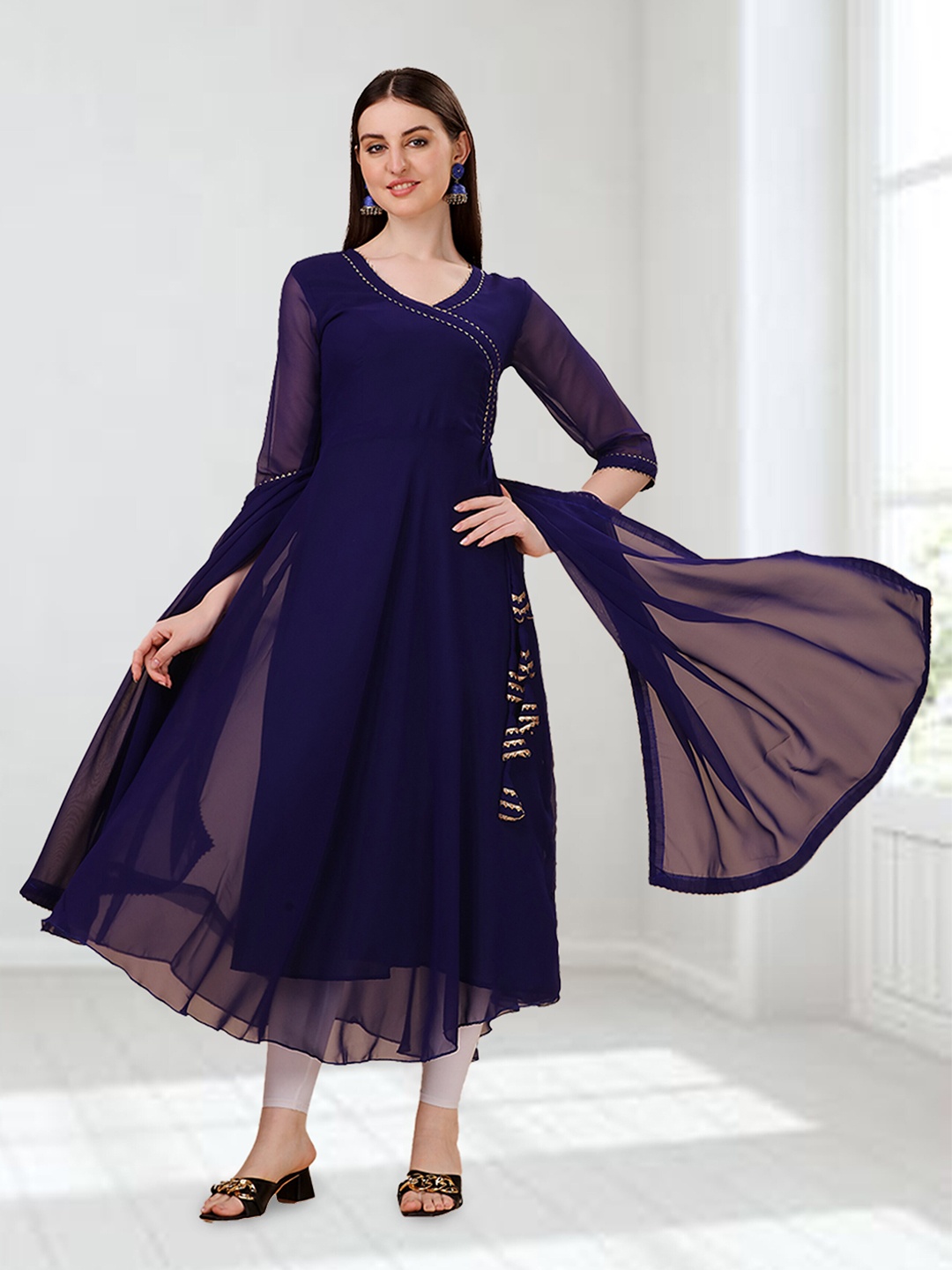 

N N ENTERPRISE Angrakha Gotta Patti Kurta With Leggings & Dupatta, Blue