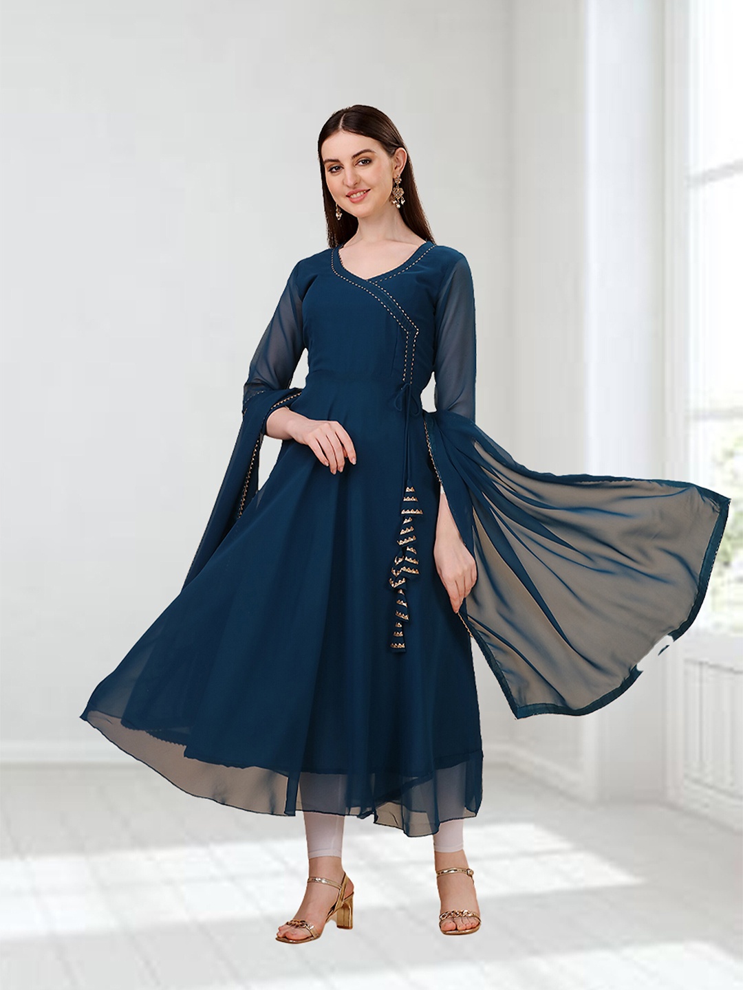 

N N ENTERPRISE Women Teal Gotta Patti Georgette Anarkali Kurta